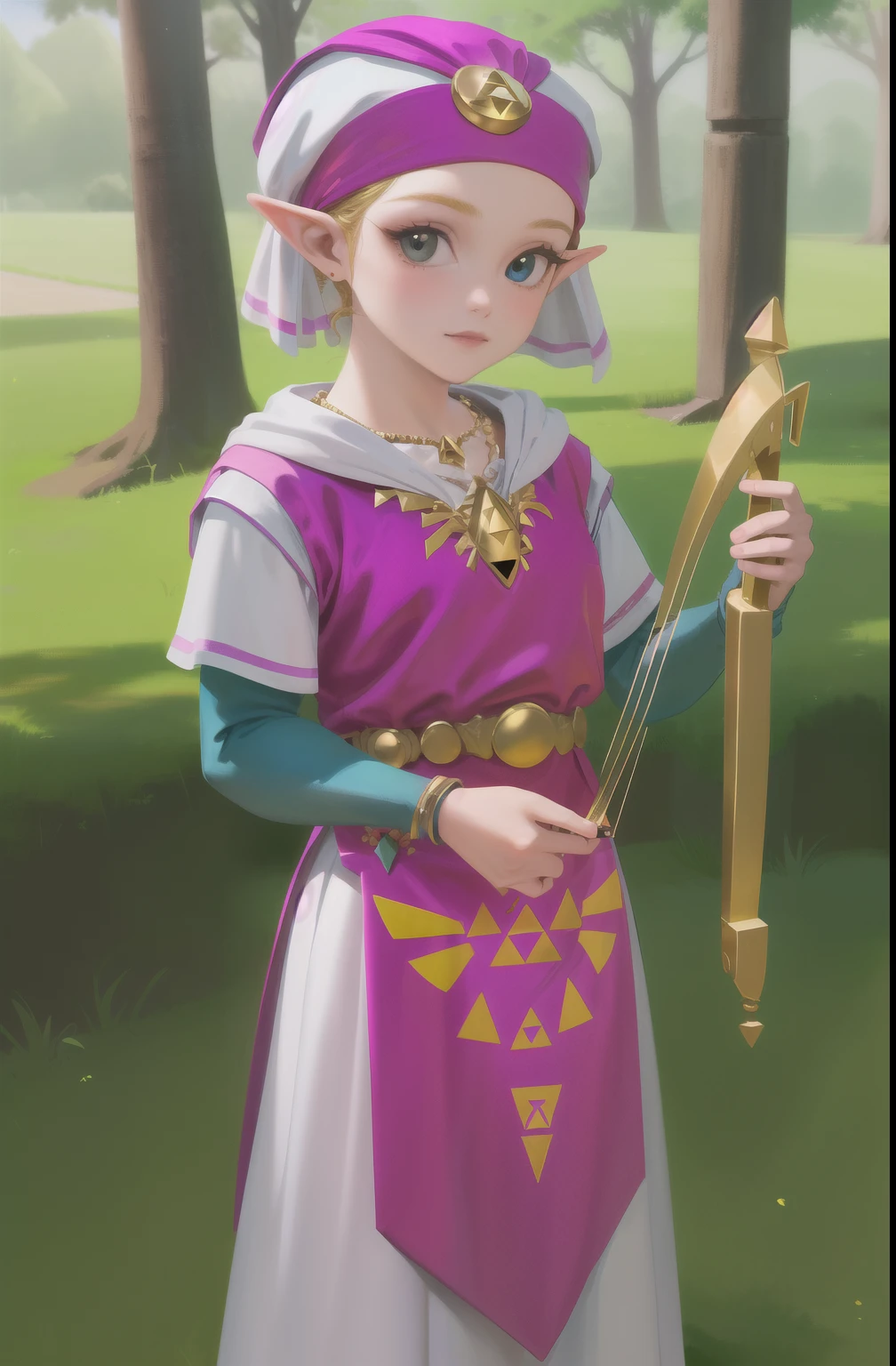 masterpiece, best_quality, 1girl, solo, princess zelda, nintendo, the legend of zelda, oot, young zelda, outdoors, looking at viewer, (holding a small golden Lyre)