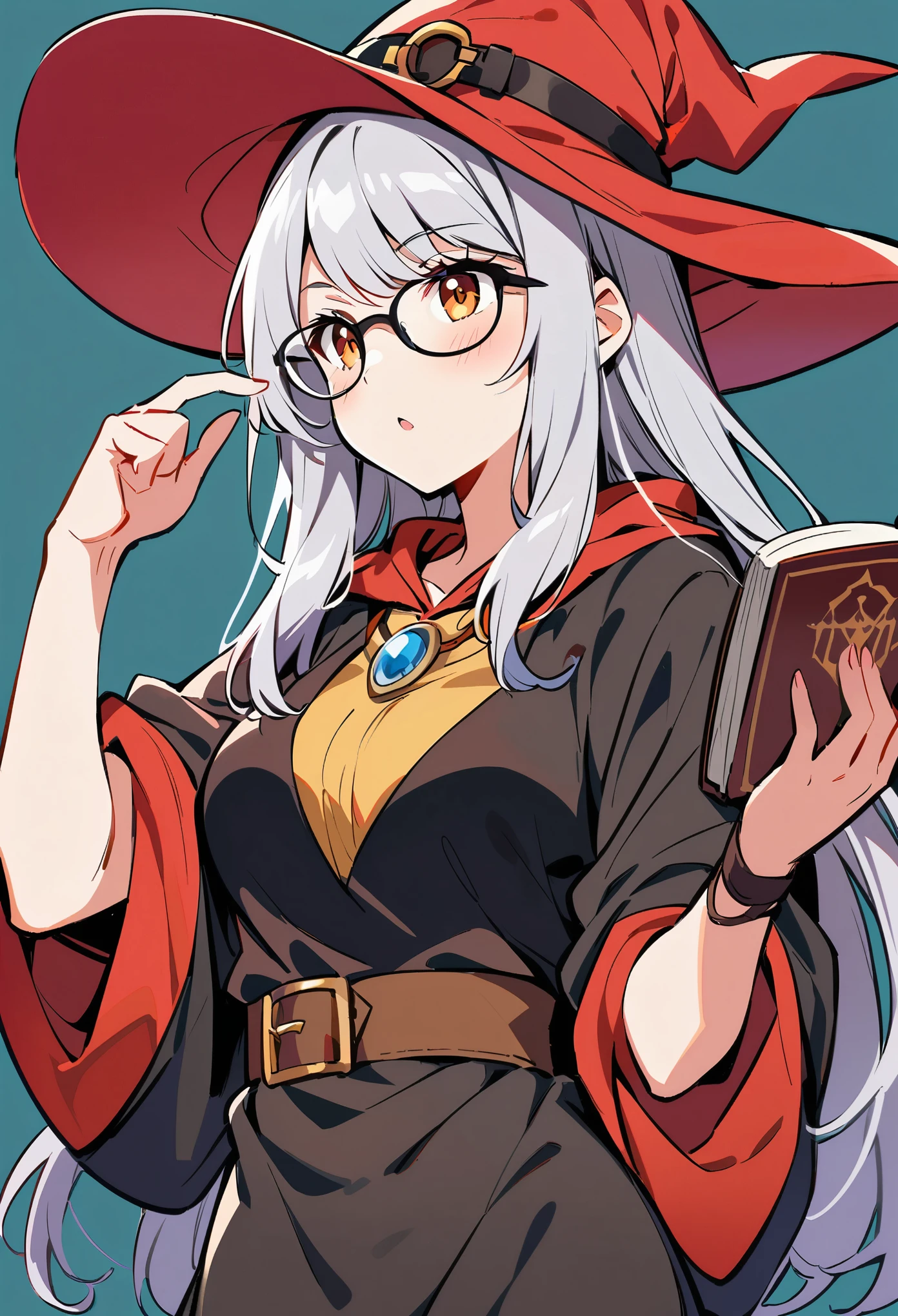 Woman in red hat and glasses holding a book,silver hair,She&#39;s wearing Harry Potter glasses, Maya Ali as D&d witch, holding spell book, Dress up as a witch, D&D magician, Wearing a red wizard hat.