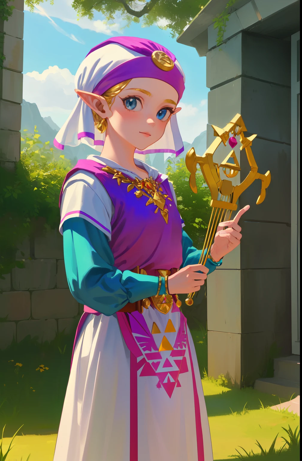 masterpiece, best_quality, 1girl, solo, princess zelda, nintendo, the legend of zelda, oot, young zelda, outdoors, looking at viewer, (holding a small golden Lyre)