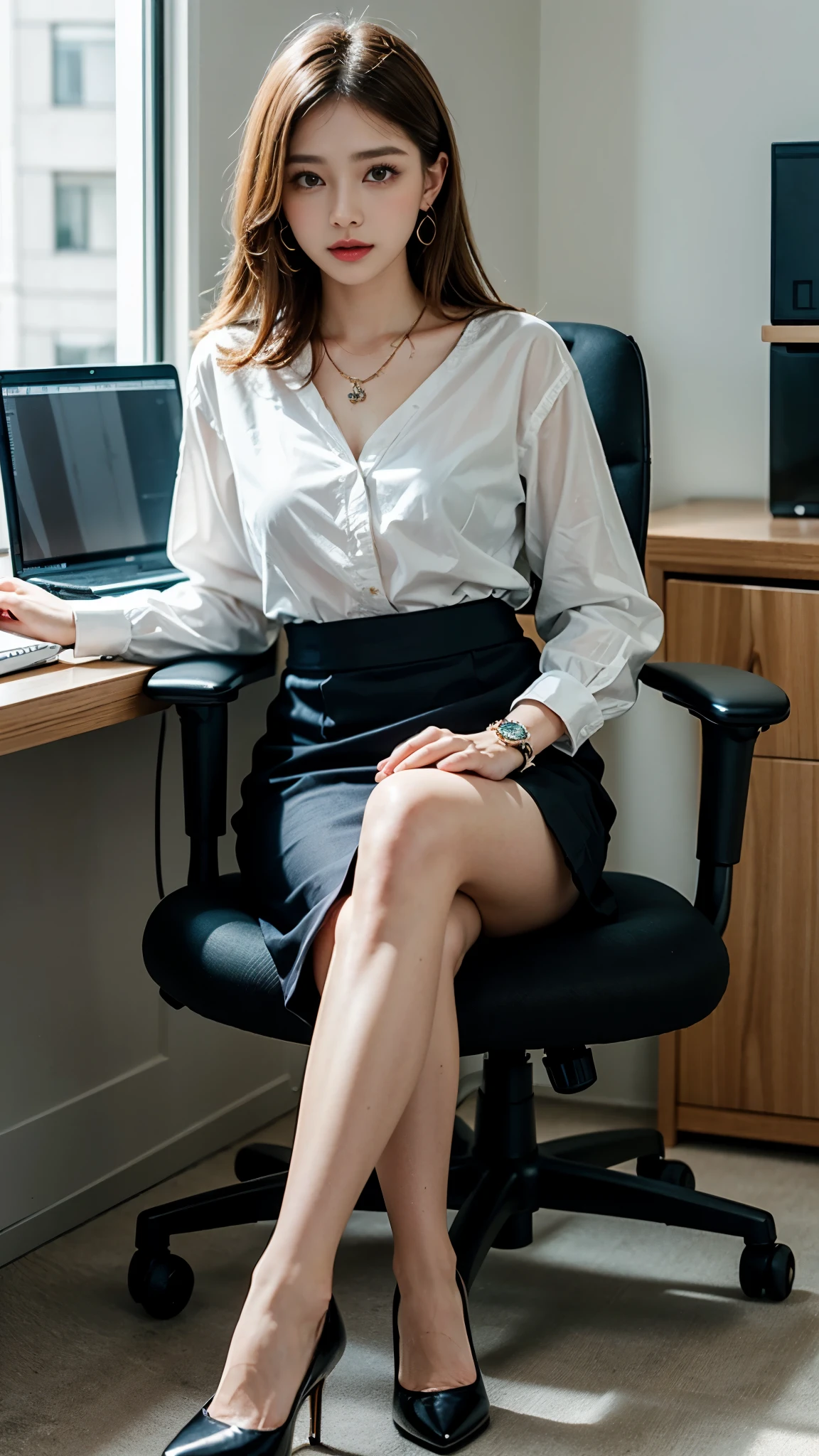 in the office，a young beautiful lady，Wear professional attire，suit，slit covered skirt。Dressed up with jewelry，necklace，earrings，watch，High heel。Painted with light makeup，very beautiful。at desk，sitting in office chair，Looking at the data file，With computer and keyboard。The background  an office with a desk，modern city office building，Very modern。Professional lighting effects，The best resolution，masterpiece。