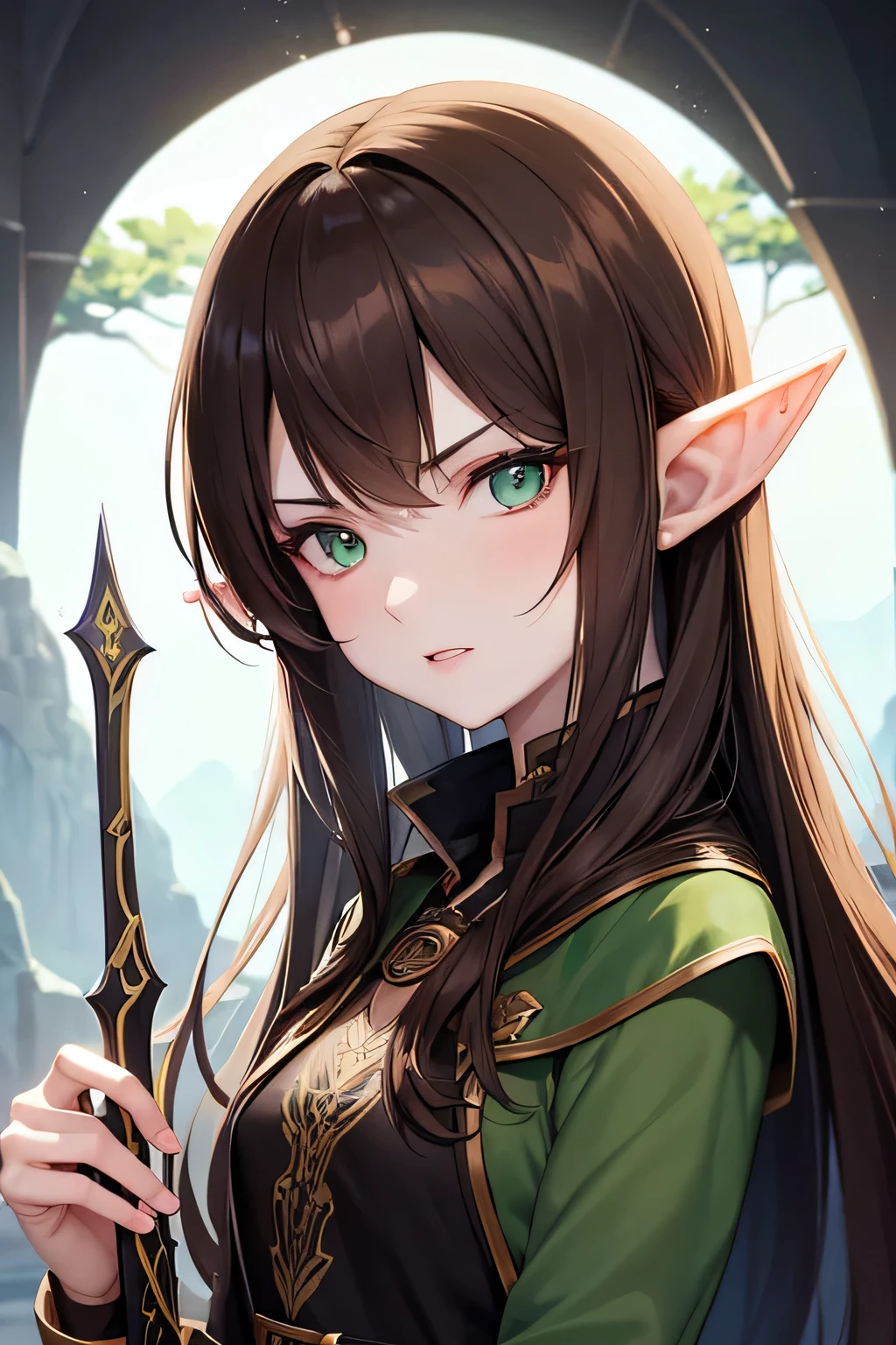 Portrait of an Young elven woman, pale skin, brown hair, green eyes, black short clothes, small, holding a magical black broadsword, with an red eye on its blade, dark fantasy, long ears, angry, bladedancer