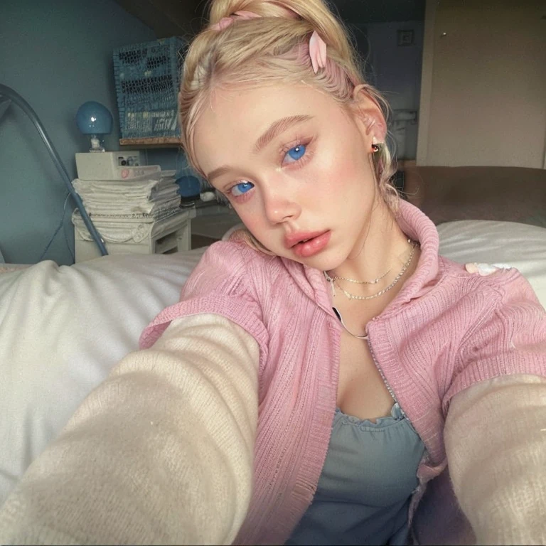 blond woman with blue eyes and a pink sweater on a bed, eva elfie, pale glowing skin, in style of petra collins, portrait sophie mudd, sydney sweeney, dasha taran, looks a blend of grimes, she looks like a mix of grimes, leaked image, looks like a mix of grimes, wearing a pastel pink hoodie, angie glocka