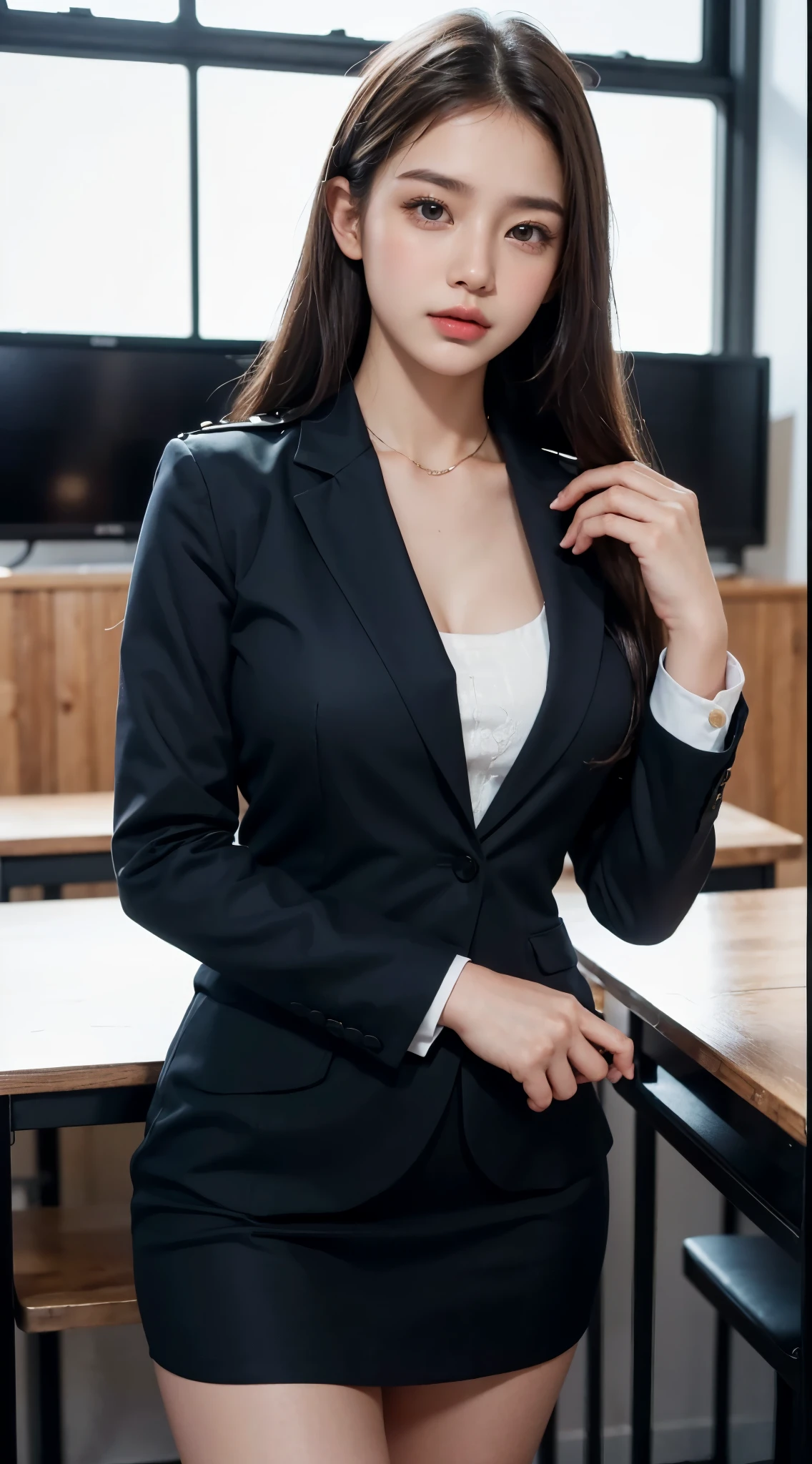 8k, highest quality, ultra detailed:1.37), Eliana, ((18 years)), a beautiful Asian girl, ((proudly stands in a military uniform)), representing her role as a soldier, ((She wears a fitted Purple dress)), The high-resolution image captures ultra-detailed realism, highlighting Eliana's determined expression, piercing eyes, and confident stance. The backdrop showcases an forest, adding to the authenticity and significance of the image. This visually striking representation showcases Eliana's strength and dedication as a soldier, cute knees, ((Lake)), ((Pine trees)), ((Detailed face)), ((Perfect body figure)), ((Detailed hair)), ((Detailed Dress)),