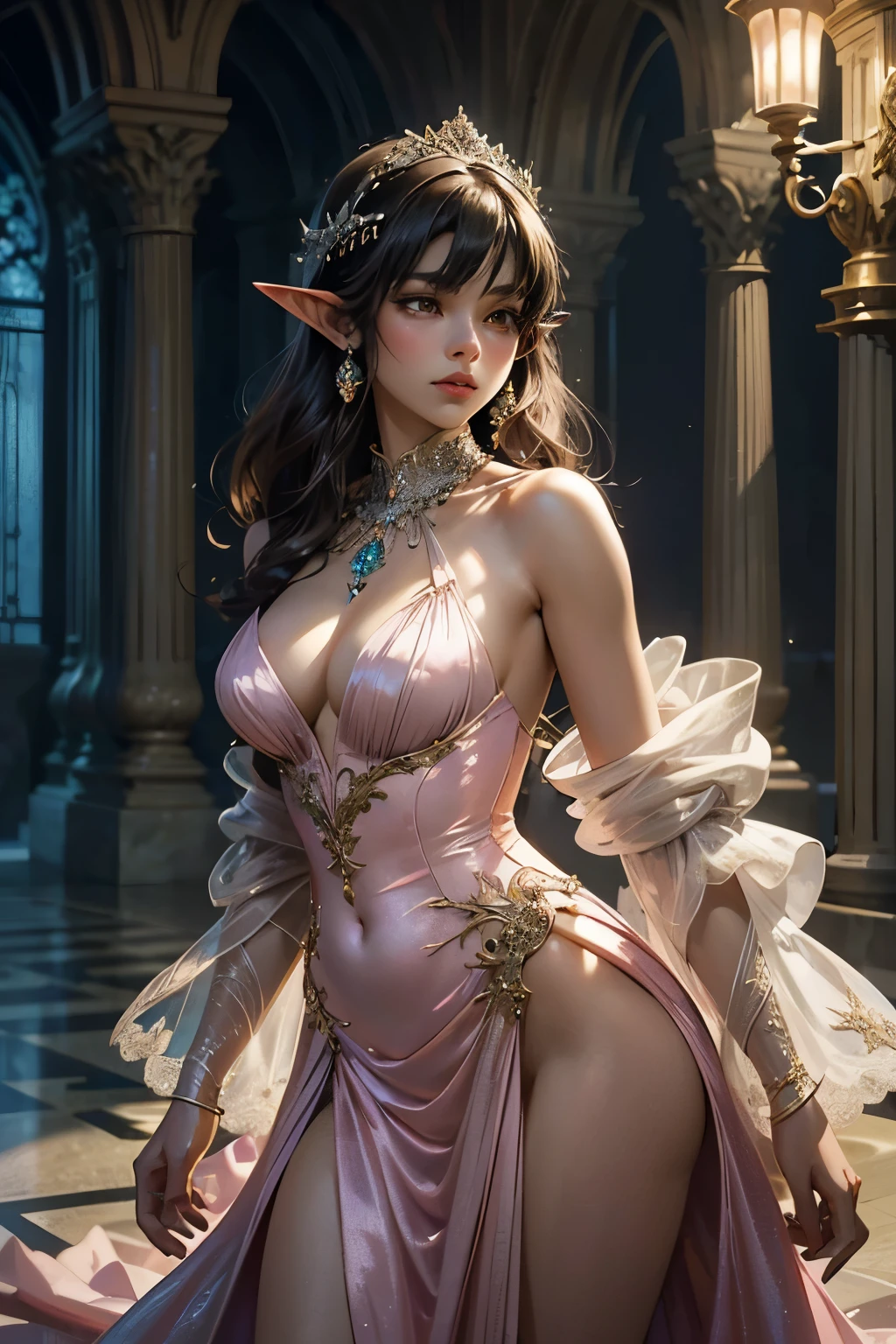 Introducing a breathtaking masterpiece of digital artwork, presenting a captivating and enchanting scene within the confines of a palatial marble courtyard. In the spotlight, a stunningly beautiful brunette elf woman adorned in a flowing pink satin dress gracefully captures the viewer's attention. Her curvaceous figure is enhanced by delicate waist chains, adding an alluring touch to her appearance. This artwork, inspired by the renowned Makoto Shinkai, reflects a mesmerizing level of detail that is nothing short of extraordinary. From the intricate features of the elf woman's face to the meticulously designed folds of her dress, every element of this illustration is rendered with utmost precision. The composition evokes a sense of ethereal beauty, inviting the viewer to immerse themselves in the magical