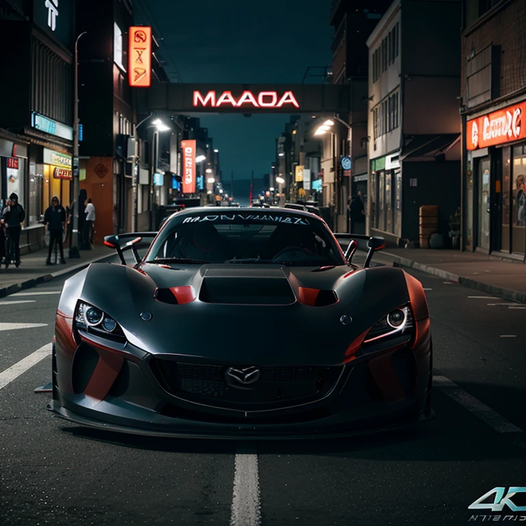 Create a sports car Mazda Rx vision GT 3, en una ciudad hermosa futurista, Industrial design, ultra realistic neon lights, la mejor calidad, 4K