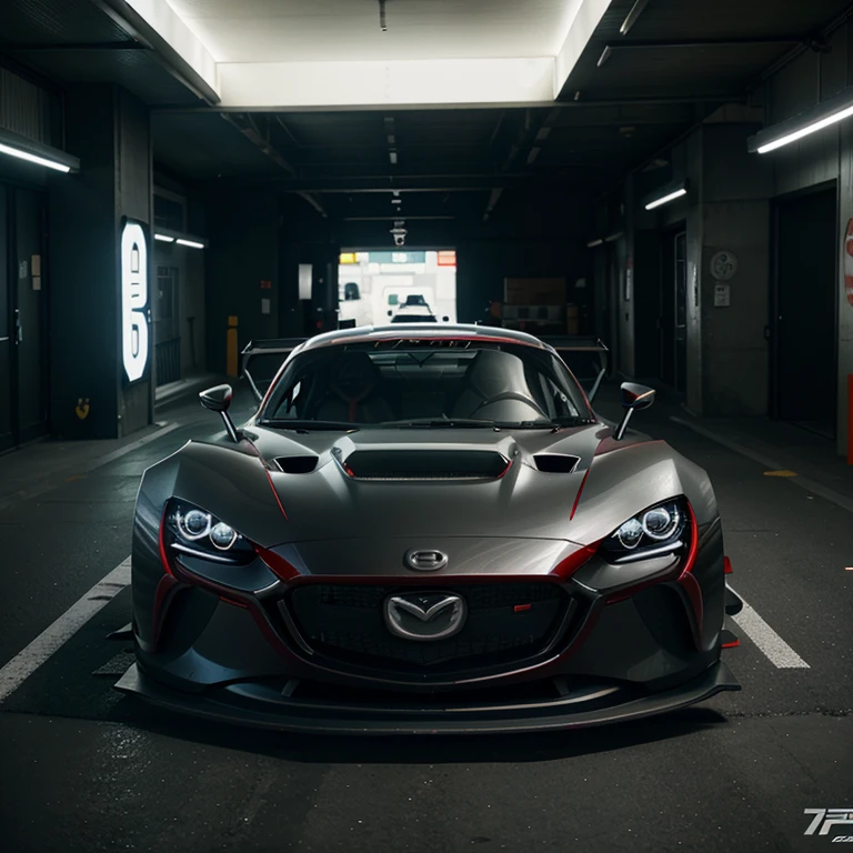 Create a sports car Mazda Rx vision GT 3, en una ciudad hermosa futurista, Industrial design, ultra realistic neon lights, la mejor calidad, 4K