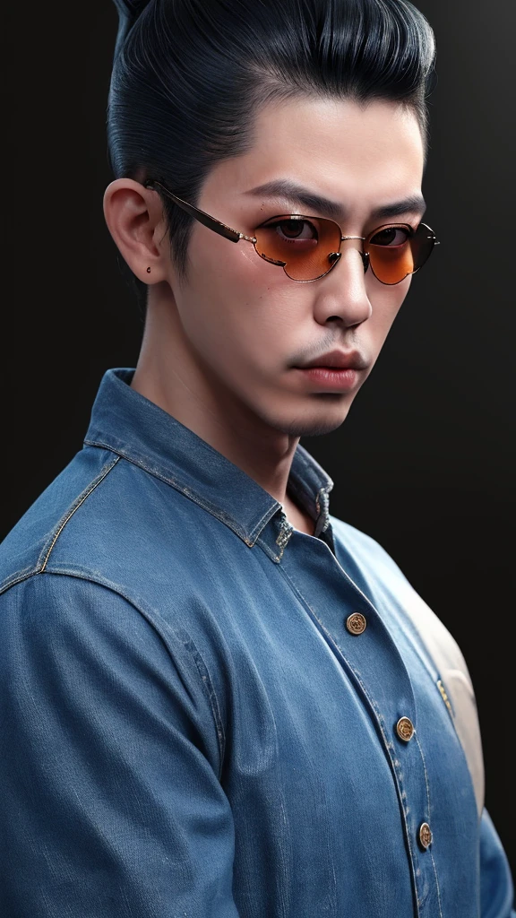 ((best quality)), ((masterpiece)), (detailed), perfect face Close-up portrait of a Japanese tattoo Yakuza with a Pompadour hairstyle, wearing dark sunglasses and a jeans outfit, studio lighting --ar 16:9 --style raw --stylize 300
