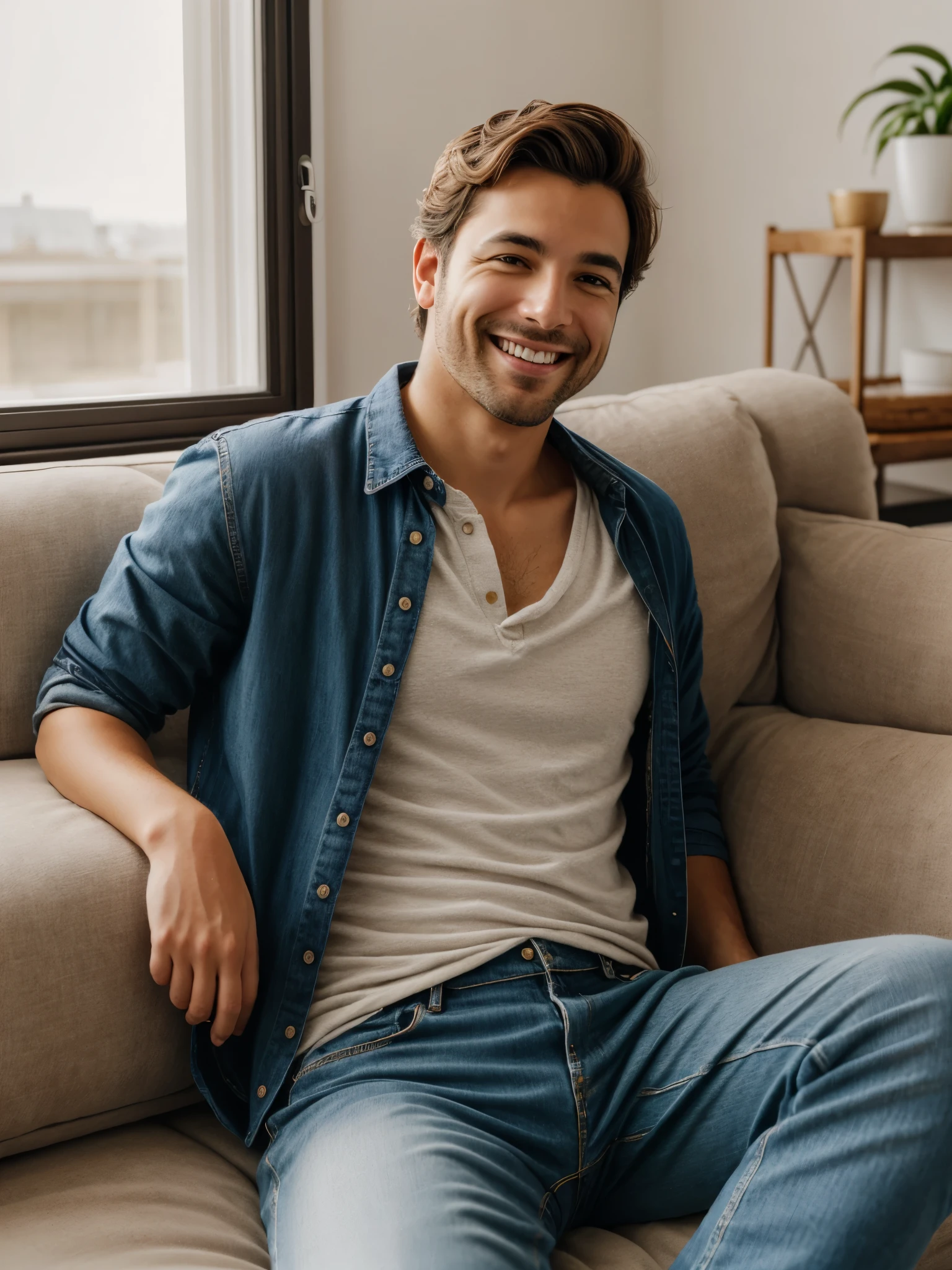 a smiling man,portrait,pastel colors,warm sunlight,gentle smile,kind eyes,soft skin,natural lighting,highres,subtle brushstrokes,detailed facial features,wavy hair,relaxed pose,pleasant expression,calm background,casual attire,photorealistic painting