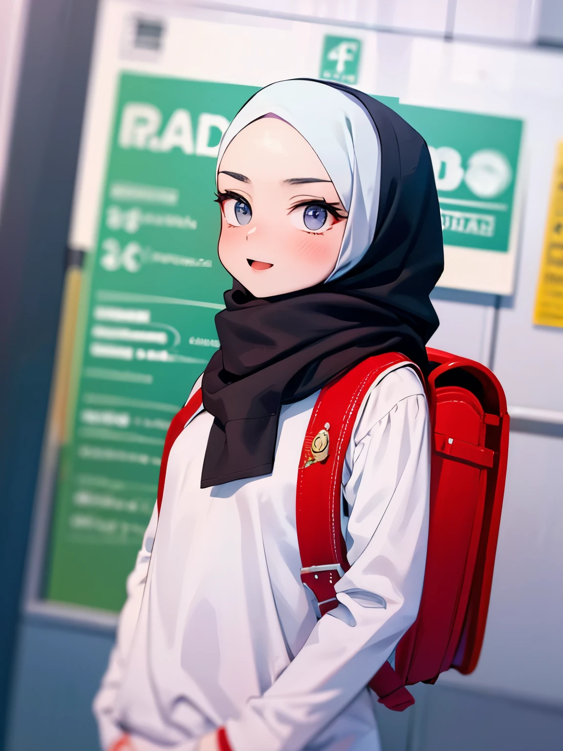 Masterpiece, hd, 2d, Malay girl in hijab wear big oversized loose white T-Shirt and high waist pants, wearing randoseru backpack, (backpack:1.1), front view, detail skin, detail skin texture, mole below eyes, small breast, big hip, big waist, big thigh, slim abs, beautiful body, evening, laughing, happy, bright lighting, blur background, bokeh, standing, from side view