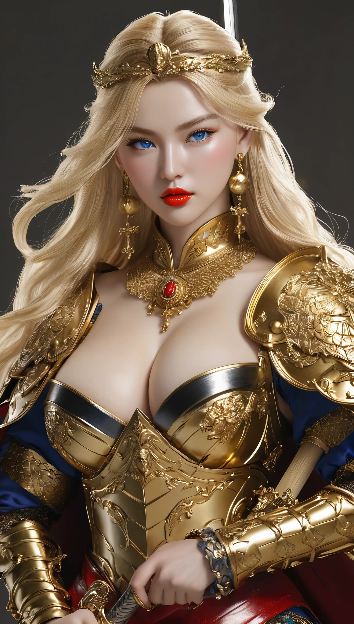 masterpiece,highest quality,higher rank,(womanの変態_woman:1),(naked:1.3), (35歳のWoman warrior:1.3),、big and full breasts　big breasts,big breasts　,hyper real,中世ヨーロッパの都市のbattlefieldにいる,No expression,、イギリス人woman、Delicate skin texture to the smallest detail、detailed blue eyes　(very big big big)、中年woman、(Fluffy long blonde hair)、Wheat tanned skin、very big big big、Woman warrior、big breastsの谷間、richly decorated gold armor、Long gold boots with flashy decorations、Solid gold and jewelry necklaces and collars、Large gold earrings、bright red lips、wears luxurious gold armor、Golden Long Globe、she has a big and long sword、The sword is decorated with flashy decorations.....................、The blade of the sword is jet black、(Woman warrior)、(battlefield)、