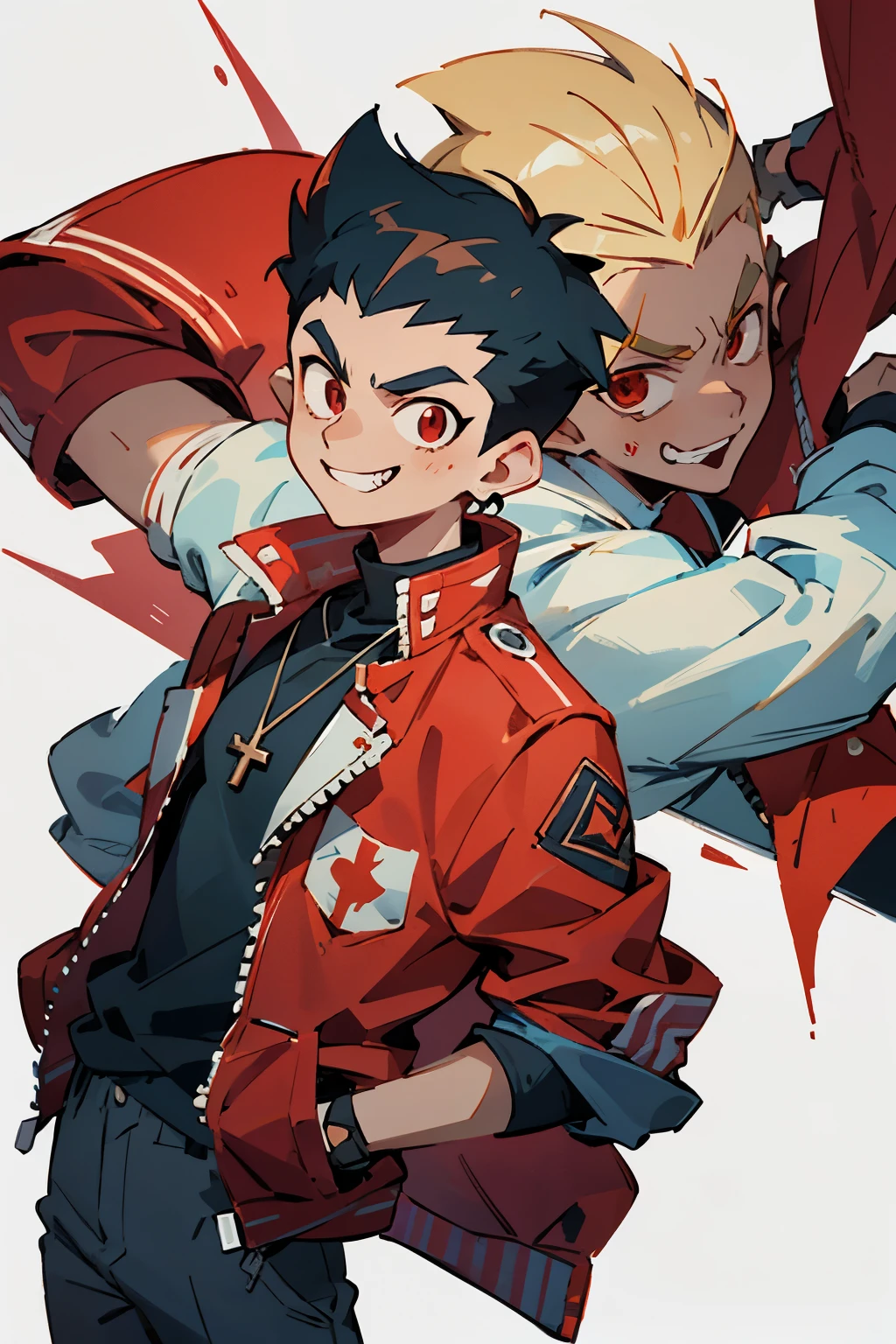 white ager wearing wore an unzipped, bright red jacket with a closed pocket flap on each side. Black designer shirt, and a cross necklace. trigger anime artstyle, [[[[grinning smugly]]]], portrait of ((mischievous)), , male anime character, young anime man, inspired by Miguel from Tekken, tall anime guy with steel red eyes, fingerless gloves, evil lair, Hi-top fade