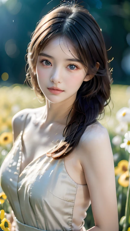 (best quality,masterpiece:1.2,ultra-high resolution,upper body,realistic,beautiful girl,girl in a flower field,detailed eyes,elaborate,pale skin,bokeh)