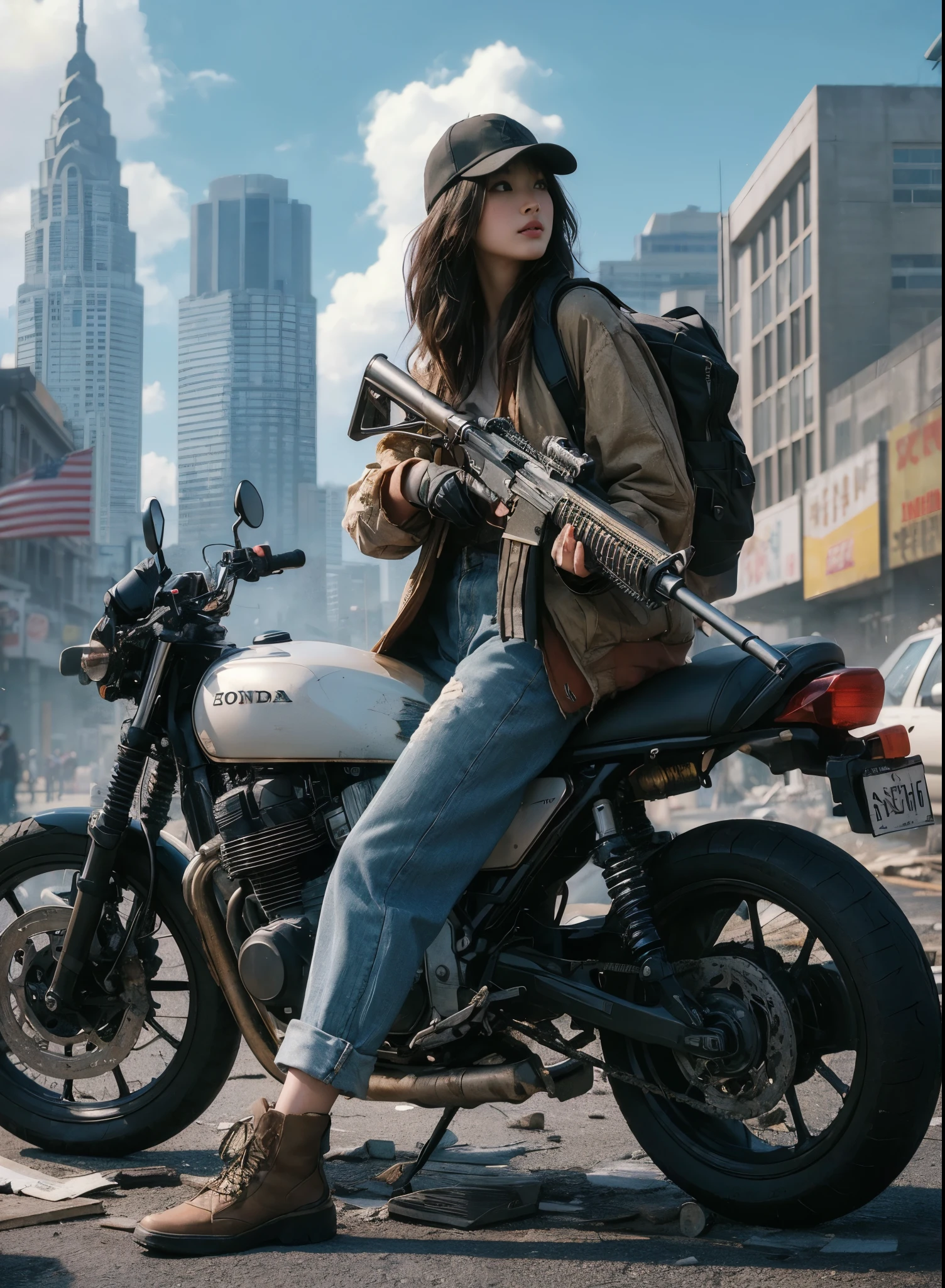 8K,realistic photo、realistic skin texture、A beautiful Japanese woman living in America rides a Honda motorcycle、Dirty long coat、Shotgun sling on shoulder、baseball cap、high cut sneakers、Debris-strewn downtown、sunny、cool composition、