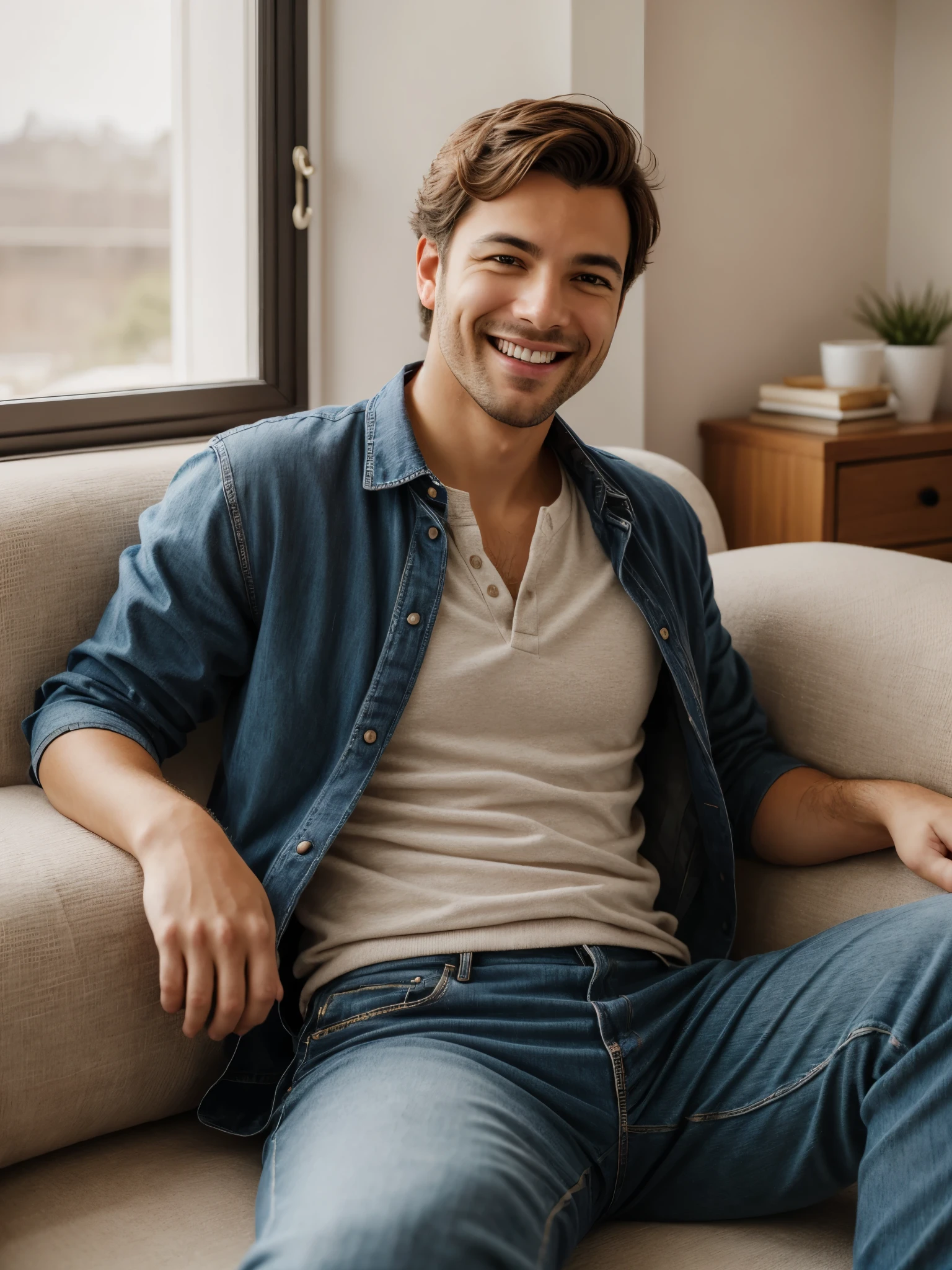 a smiling man,portrait,pastel colors,warm sunlight,gentle smile,kind eyes,soft skin,natural lighting,highres,subtle brushstrokes,detailed facial features,wavy hair,relaxed pose,pleasant expression,calm background,casual attire,photorealistic painting