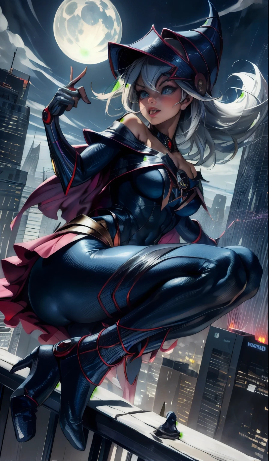 Dark magician gils spiderman version (obra maestra, 4K resolution, ultrarrealista, Muy detallado), (White superhero theme, charismatic, hay una chica en la cima de la ciudad, vistiendo disfraz de Spider-Man, she is a superhero), [ ((25 years), (pelo largo y rubio:1.2), cuerpo completo, (blue eyes:1.2), ( saltando de un edificio a otro), ((entorno urbano arenoso):0.8)| (paisaje urbano, por la noche, dynamic lights), (Luna llena))] # Explanation: The message mainly describes a 4K ultra high definition painting., Muy realista, Muy detallado. Shows a superheroine on top of the city., vistiendo un disfraz de Spider-Man. The theme of the painting is a superhero theme. Pose sensual y inocente 