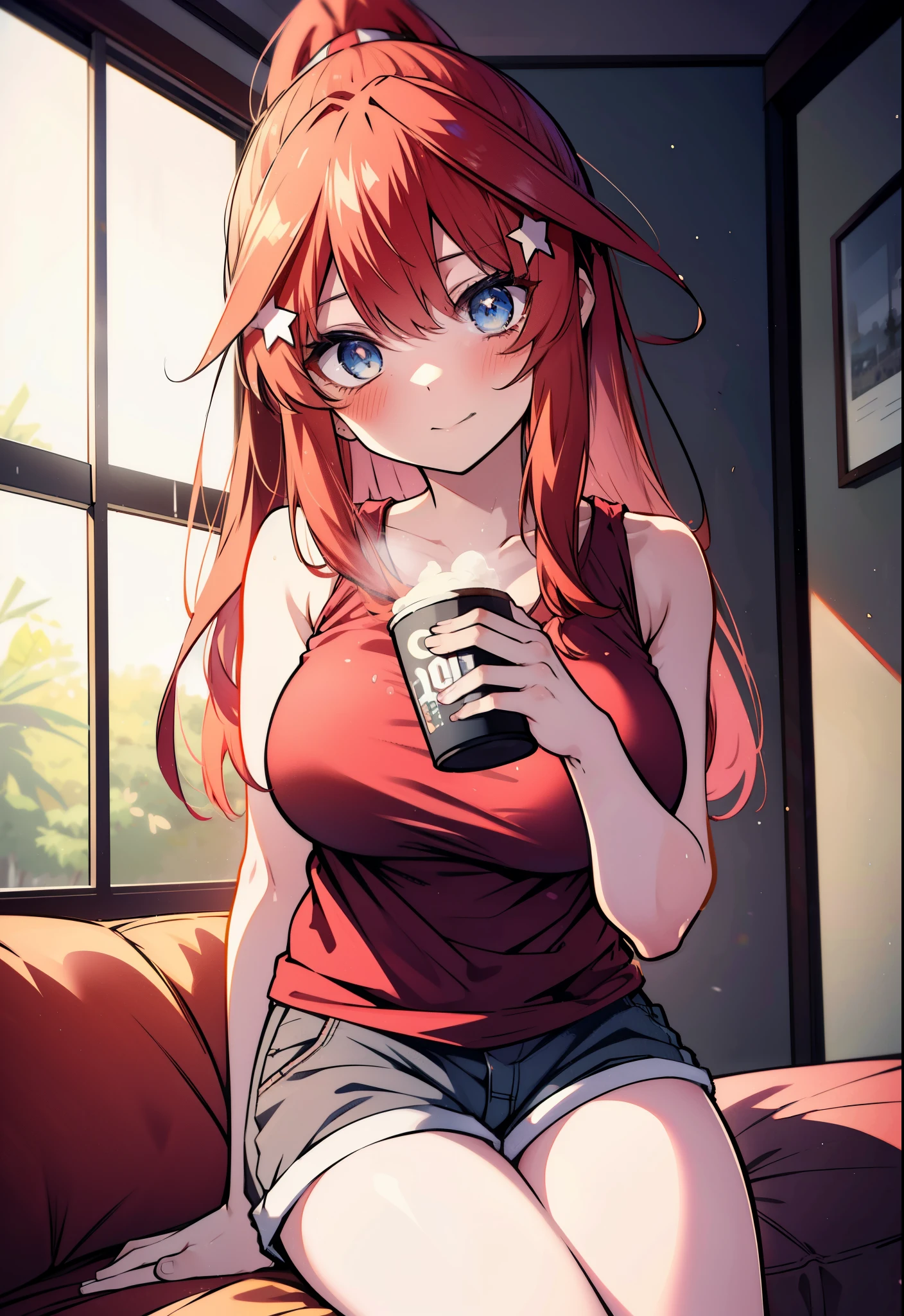 itsukinakano, itsuki nakano, bangs, blue eyes, hair between eyes, Ahoge, redhead, ponytail,big breasts,Red tank top shirt,sleepy,blush,smile,shorts,barefoot,sitting on the sofa,Holding a coffee mug in both hands,morning,morning日,ビルの間から太陽が登っている
break indoors, living,
break looking at viewer, (cowboy shot:1.5),
break (masterpiece:1.2), highest quality, High resolution, unity 8k wallpaper, (figure:0.8), (detailed and beautiful eyes:1.6), highly detailed face, perfect lighting, Very detailed CG, (perfect hands, perfect anatomy),