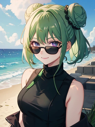 (highres), (best quality), looking at spectator, 1 girl, alone, medium hair, pastel green hair, twin buns, villain smile, violet eyes, round black sunglasses on head, beach, black sleeveless turtleneck top, green shorts, dark brown boots