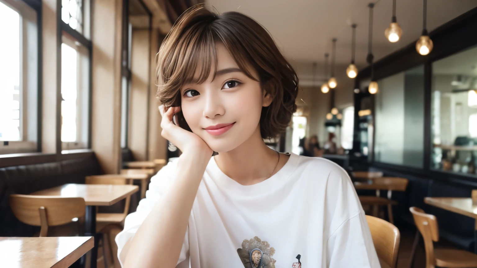 (highest quality,8K quality,masterpiece:1.3,),(超A high resolution:1.3,Photoreal:1.4,RAW photo:1.2),(super detailed:1.2,shiny skin,fine skin:1.1),(detailed face,perfect anatomy,caustics:1.2),stylish cafe,1 girl,cute,Japanese,22 years old,Natural brown hair,curl short hair outwards,cute目,natural makeup,oversized t-shirt,laughter,look at the camera,Shot in a café,professional lighting,natural soft light,