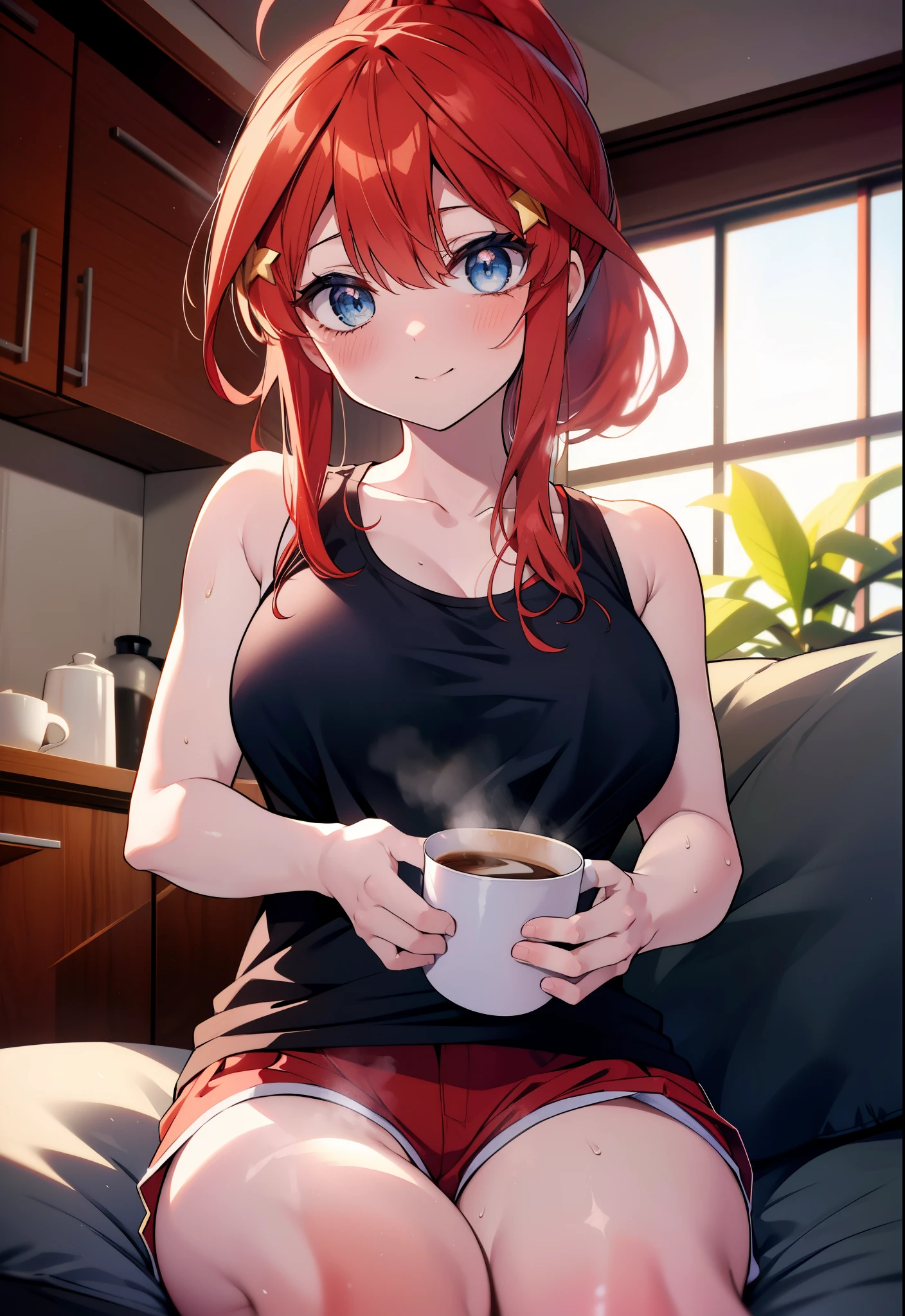 itsukinakano, itsuki nakano, bangs, blue eyes, hair between eyes, Ahoge, redhead, ponytail,big breasts,Red tank top shirt,sleepy,blush,smile,shorts,barefoot,sitting on the sofa,Holding a coffee mug in both hands,morning,morning日,ビルの間から太陽が登っている
break indoors, living,
break looking at viewer, (cowboy shot:1.5),
break (masterpiece:1.2), highest quality, High resolution, unity 8k wallpaper, (figure:0.8), (detailed and beautiful eyes:1.6), highly detailed face, perfect lighting, Very detailed CG, (perfect hands, perfect anatomy),