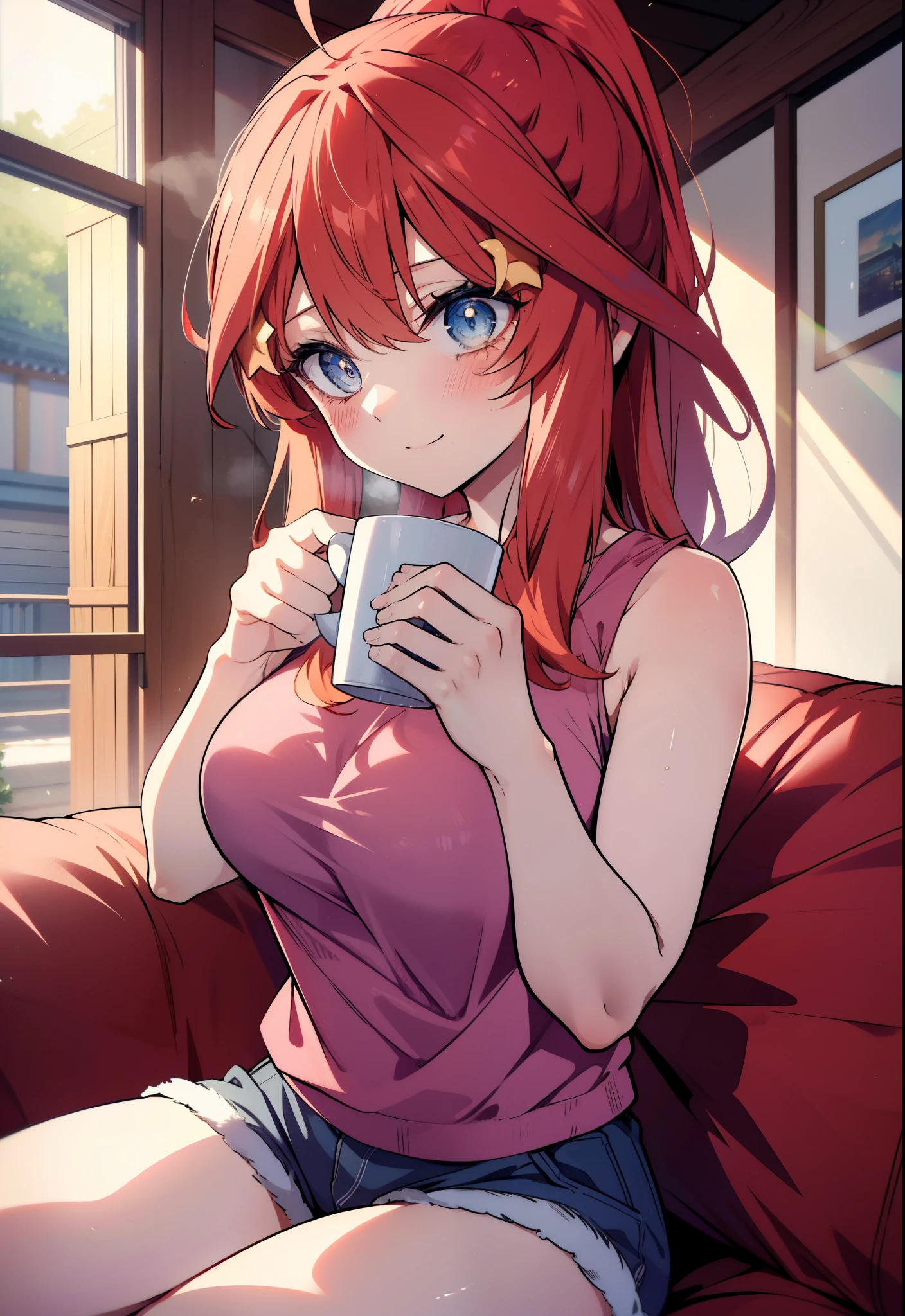 itsukinakano, itsuki nakano, bangs, blue eyes, hair between eyes, Ahoge, redhead, ponytail,big breasts,Red tank top shirt,sleepy,blush,smile,shorts,barefoot,sitting on the sofa,Holding a coffee mug in both hands,morning,morning日,ビルの間から太陽が登っている
break indoors, living,
break looking at viewer, (cowboy shot:1.5),
break (masterpiece:1.2), highest quality, High resolution, unity 8k wallpaper, (figure:0.8), (detailed and beautiful eyes:1.6), highly detailed face, perfect lighting, Very detailed CG, (perfect hands, perfect anatomy),