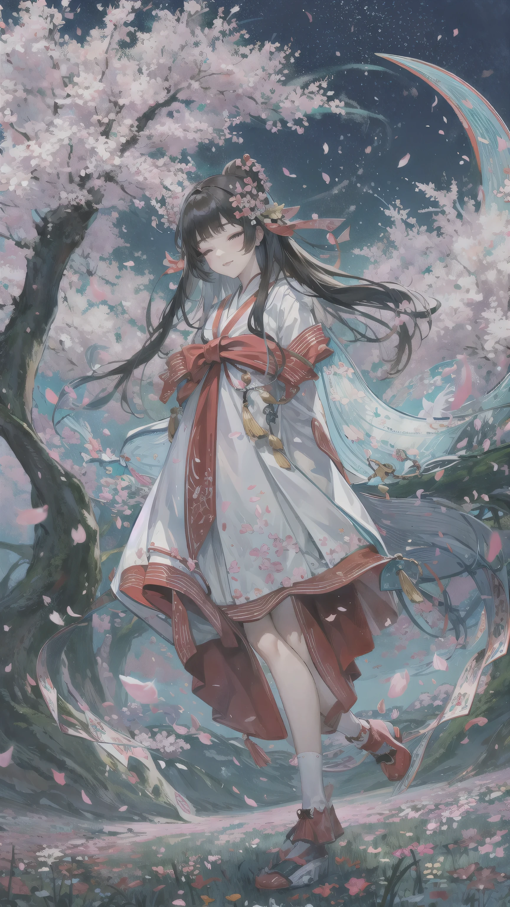 perfect anatomy, masterpiece:1.4, best quality, 8k, beautiful detailed grow, daydreaming expression, in the night, ((beautiful cherry blossoms field)) (background is detailed big blue moon), break, ((full body)), (frontale) solo ((blunt bangs)) (black hair Long hair cute girl, 15 yo, closed eyes, beautiful rozy mouth, best smile), break, (in a detailed Shrine maiden costume), A magical spring.