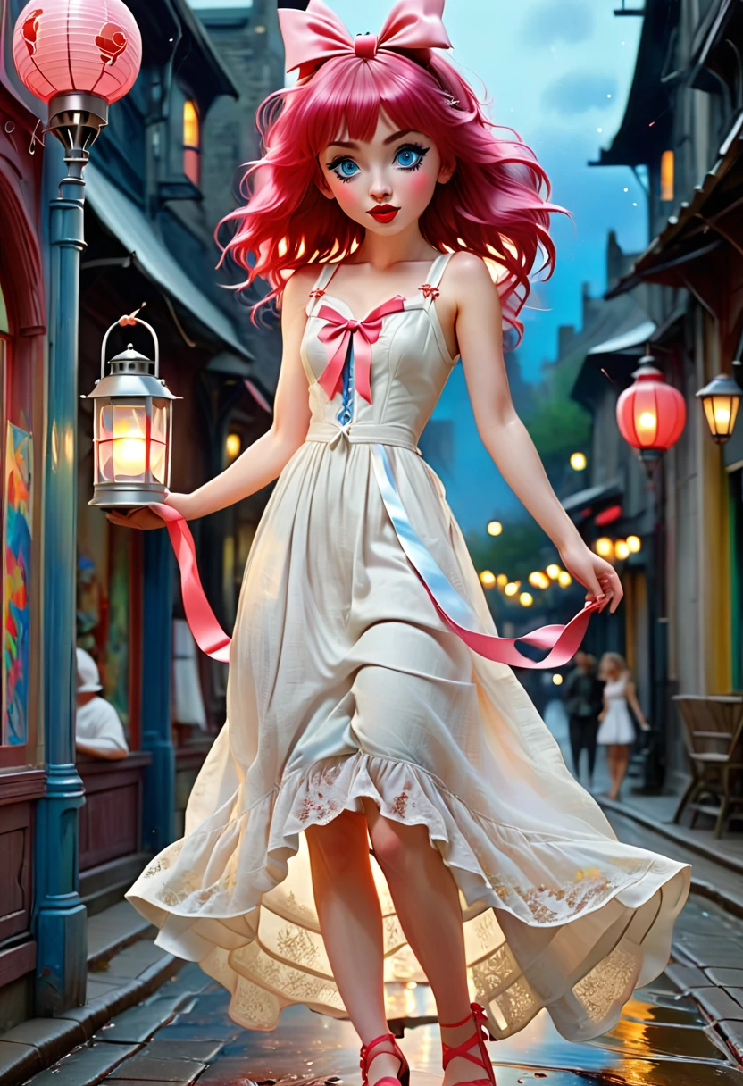 ((Holding a lantern)) in the street is.a slim girl (((full body)) with linen soft lacey white gown with pink bows attached to the straps, big blue eyes and red lips, long red with with puffy bangs, a long pink sask is around her waist, Also on her feet. Is leather criss-cross whote strap up sandles. The sabdles strapps wrapbaround her legs, art, spray paint, oil gouache melting, acrylic, high contrast, colorful polychromatic, ultra detailed, ultra quality, CGSociety