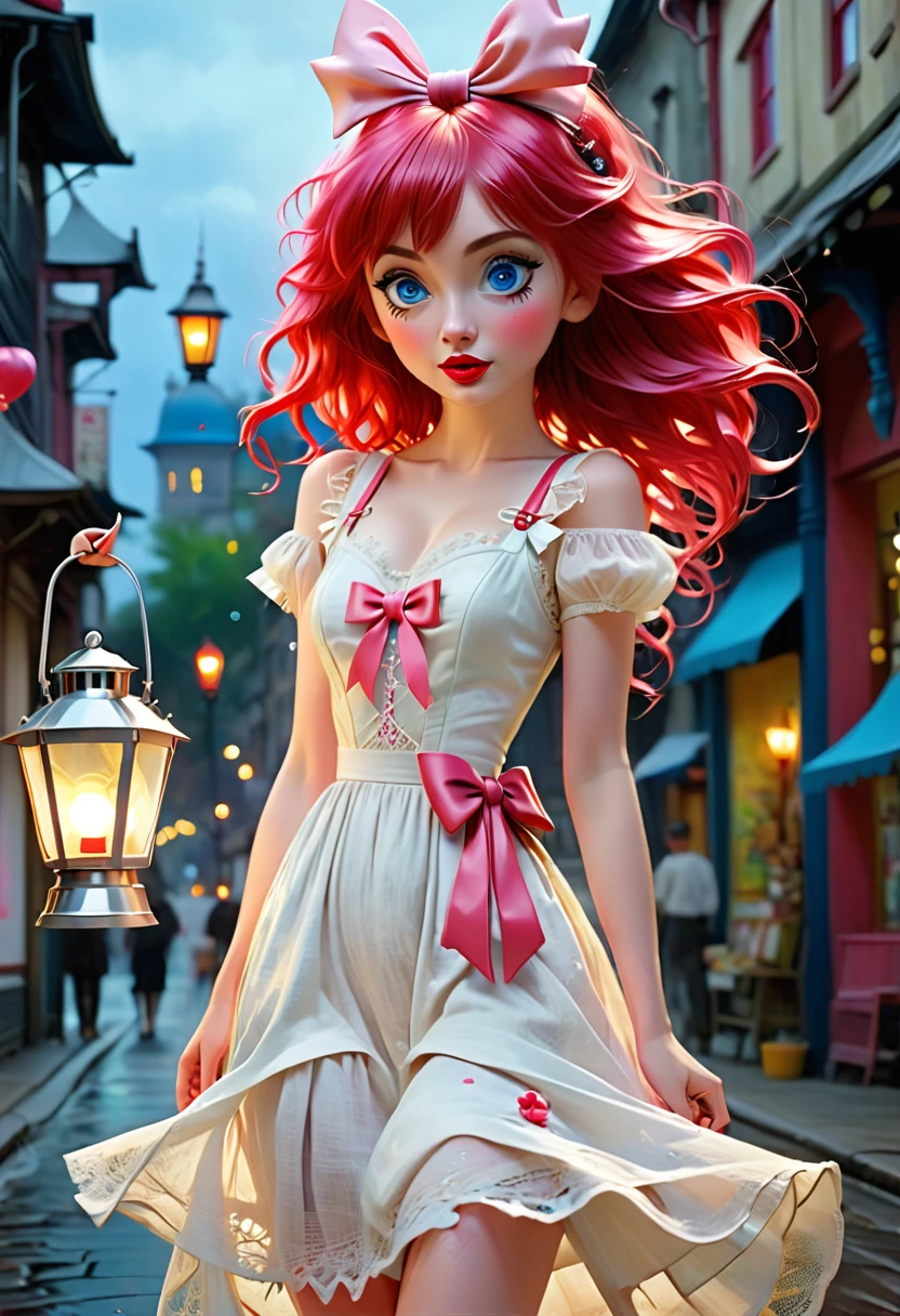((Holding a lantern)) in the street is.a slim girl (((full body)) with linen soft lacey white gown with pink bows attached to the straps, big blue eyes and red lips, long red with with puffy bangs, a long pink sask is around her waist, Also on her feet. Is leather criss-cross whote strap up sandles. The sabdles strapps wrapbaround her legs, art, spray paint, oil gouache melting, acrylic, high contrast, colorful polychromatic, ultra detailed, ultra quality, CGSociety