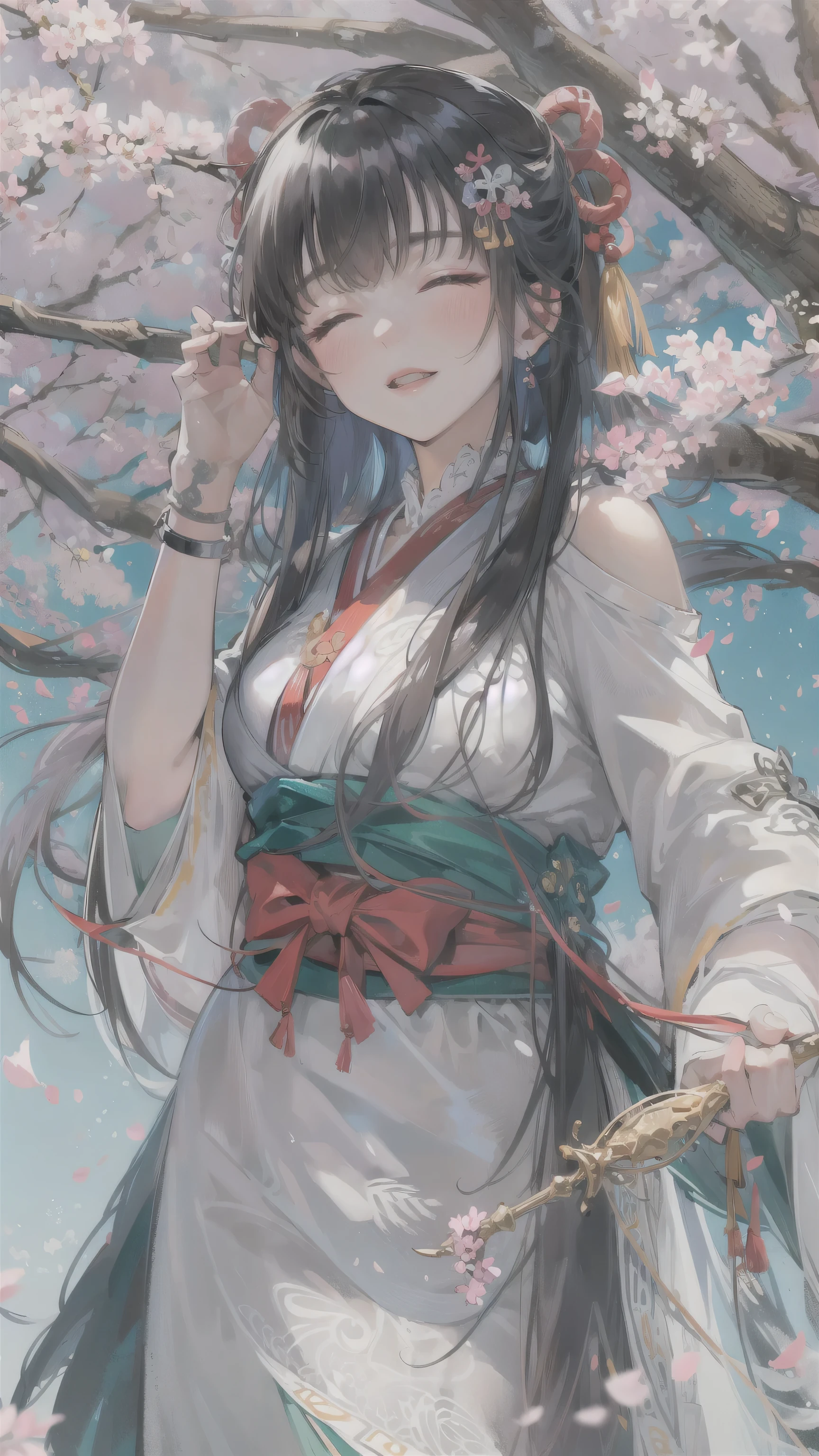 perfect anatomy, masterpiece:1.4, best quality, 8k, beautiful detailed grow, daydreaming expression, in the night, ((beautiful cherry blossoms field)) (background is detailed big blue moon), break, ((full body)), (frontale) solo ((blunt bangs)) (black hair Long hair cute girl, , closed eyes, beautiful rozy mouth, best smile), break, (in a detailed Shrine maiden costume), A magical spring.