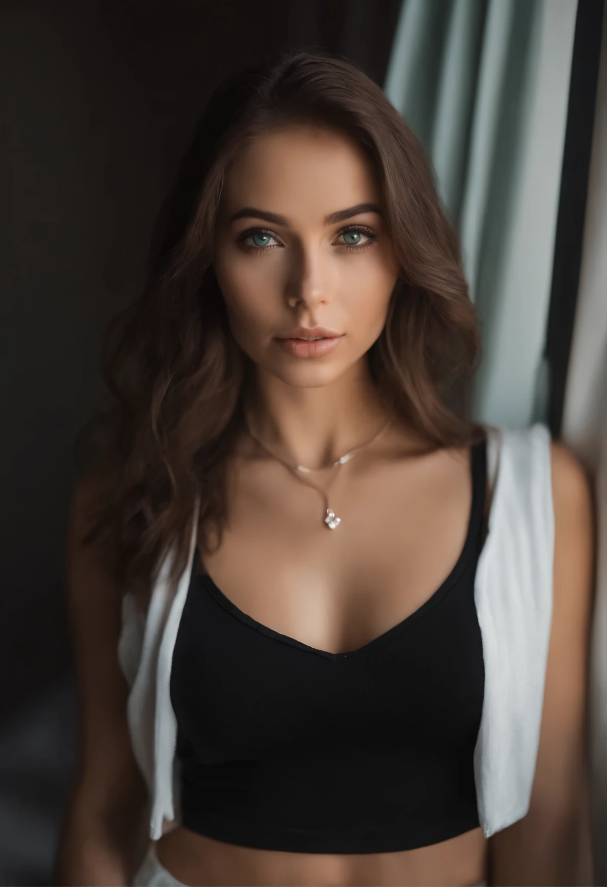 arafed woman with a white tank top and a necklace, sexy girl with green eyes, portrait sophie mudd, brown hair and large eyes, selfie of a young woman, bedroom eyes, violet myers, without makeup, natural makeup, looking directly at the camera, face with artgram, subtle makeup, stunning full body shot, piercing green eyes, beautiful angle, attractive pose, cute girl, sexy pose, full body picture, full body, full body shoot, brunette goddess, high detail, satisfied pose, leather pants