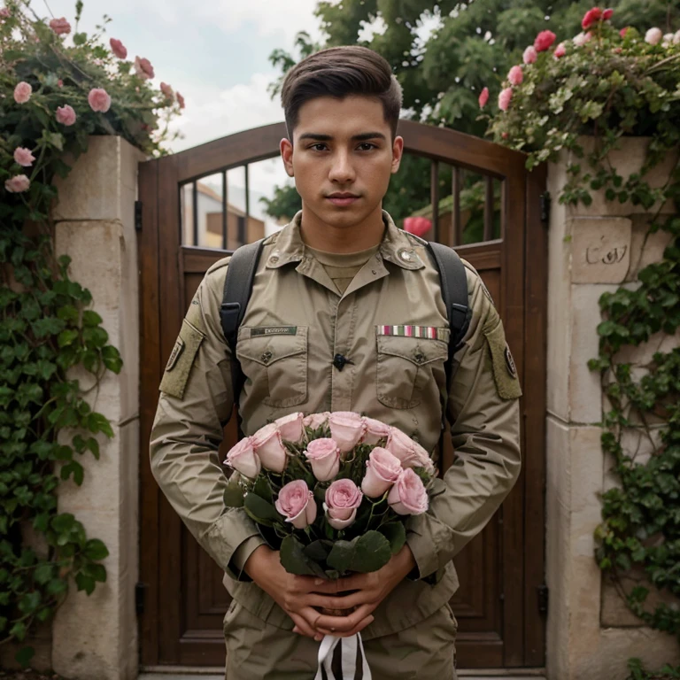 Joven militar con un ramo de rosas enfrente de una puerta