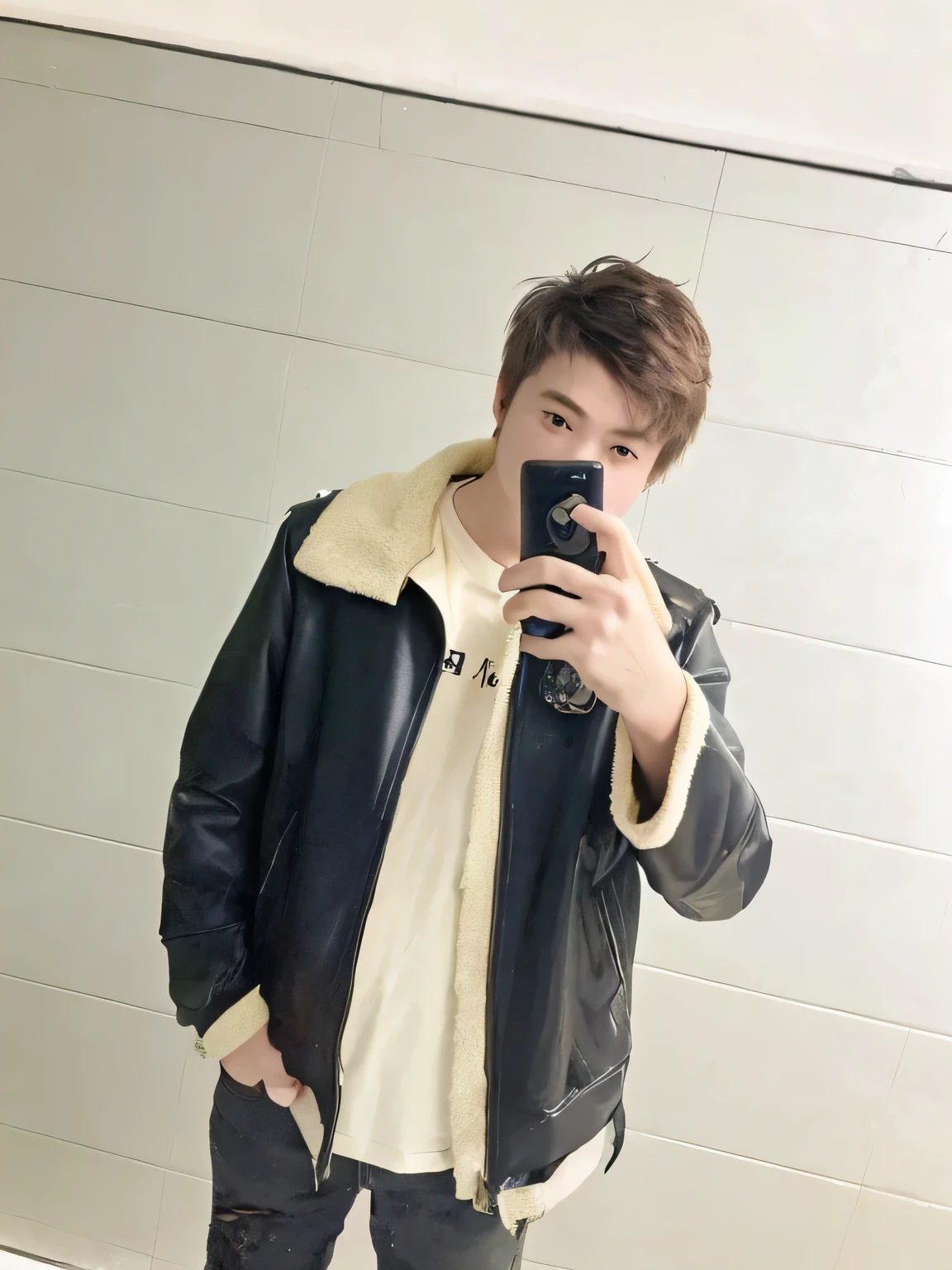 original photo, Close-up portrait photo of 20-year-old.哦 1boy, alone, actual,shirt,Jacket, cyberpunk, spiky hair,brown hair, yellow Jacket, City ruins in the background, (High detail skin:1.2), 8K Ultra HD, DSLR camera, soft light, high quality, film grain, Fuji XT3, Very detailed background