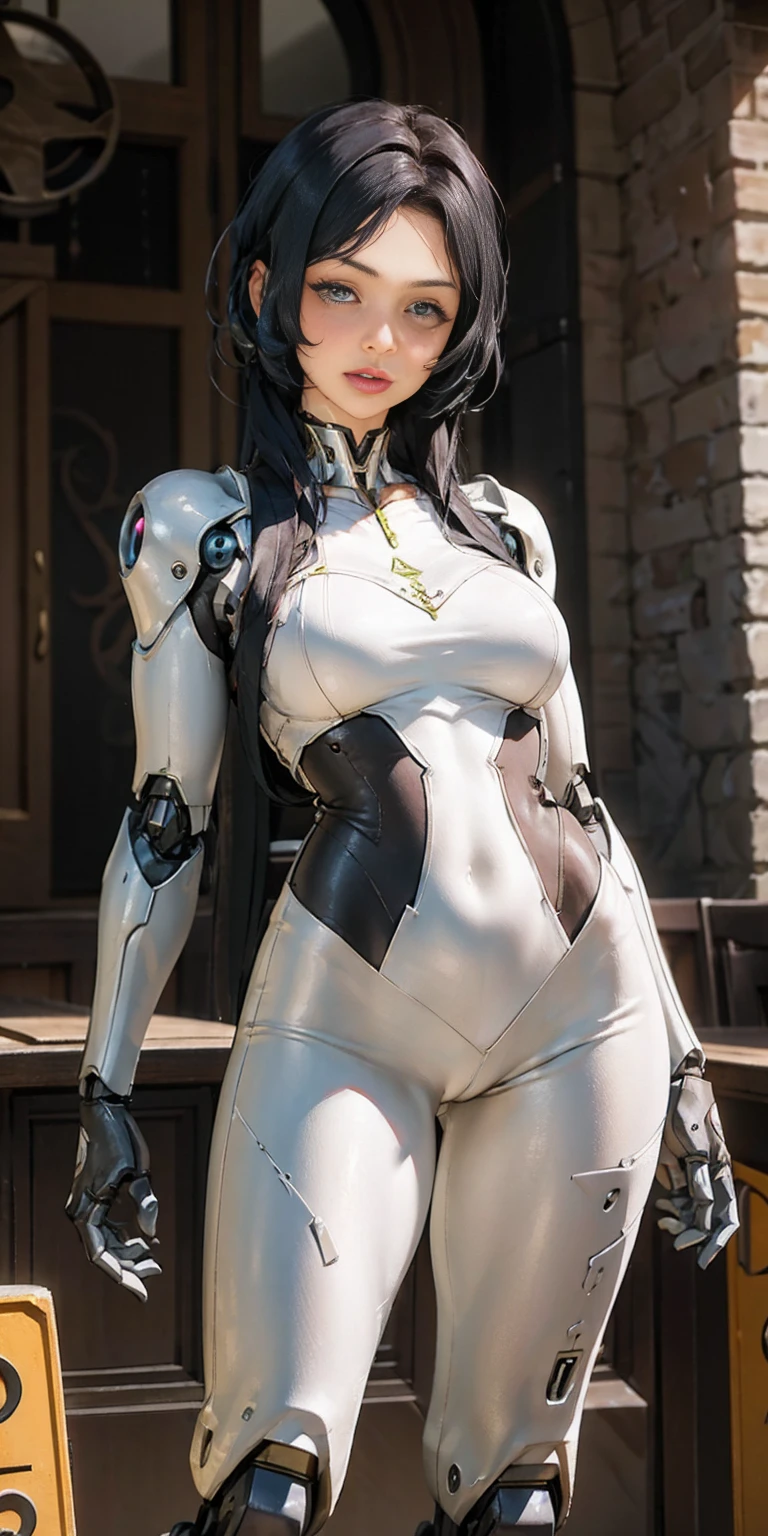 There is a woman in a robot suit posing next to an ancient building, Beautiful white girl half cyborg, Cute cyborg girl, Beautiful girl cyborg, Perfect Robot Girl, Cyborg girl, Young cyborg grady, Beautiful Female Robot, Beautiful robot woman, cyborg girl, perfect cyborg female, porcelain cyborg, Female robot, Beautiful cyborg images