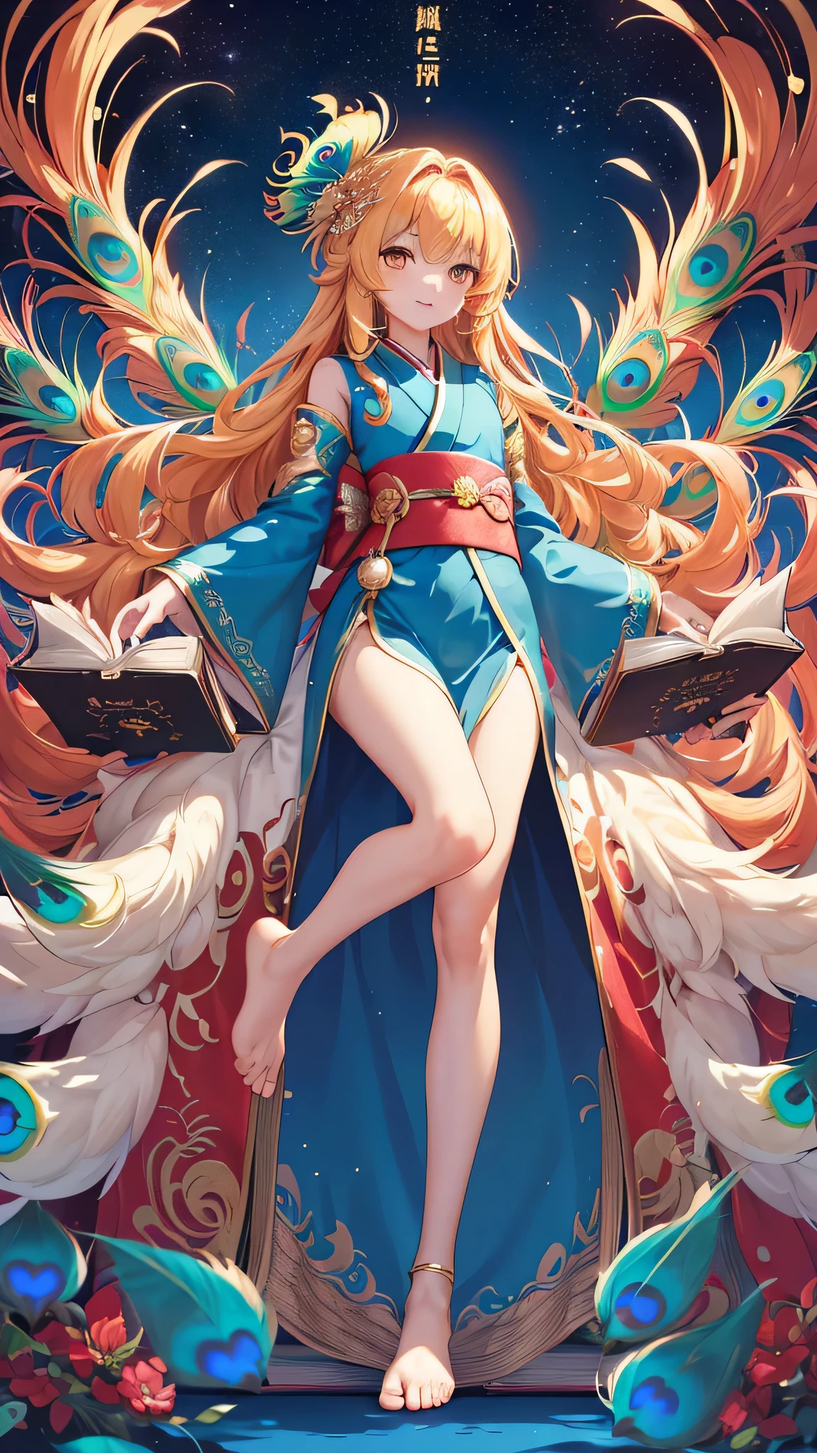 Peacock Ming King、cute girl、personification、(golden hair)、medium long hair、fluffy hair、golden eyes、cute girl、A flashy kimono in white, gold, red and blue、(full body shot)、(facing forward)、((Because the arms4Book、foot2Book))、Peacock feathers on the back