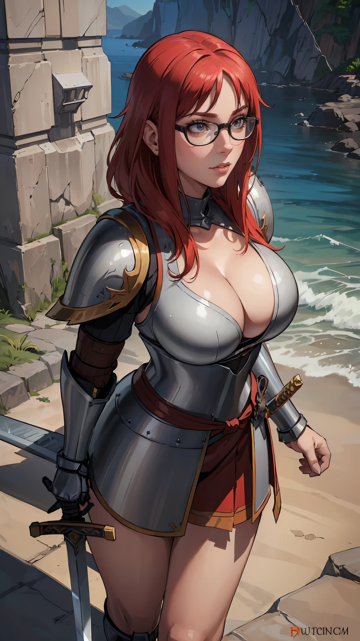 (masterpiece:1.2, best quality:1.2, beautiful, high quality, highres:1.1), detailed, extremely detailed 4K, perfect eyes, perfect face, perfect lighting, (1girl, solo, adult female, mature female), thin, lithe body, 
karin, long pink reddish hair, red eyes, glasses, (big breasts), ((((sensual seductive, busty, cleavage,  wearing armor,warrior armor, ancient armor, sword,  beach)))) 