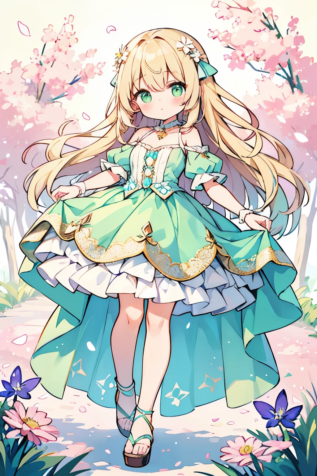 1 cute girl, white and blonde colored hair,styled in loose waves, pastel green eyes, wears a charming fairy dress adorned with layers of flowing tulle in shades of soft pink, lavender, and turquoise, reminiscent of the colors of a magical meadow at dusk. The dress is embellished with delicate flower petals, sparkling sequins, and shimmering fairy dust, adding an enchanting touch to her ensemble.   wears sandals in a soft shade of beige, adorned with daisy-shaped embellishments on the straps. FULL BODY
