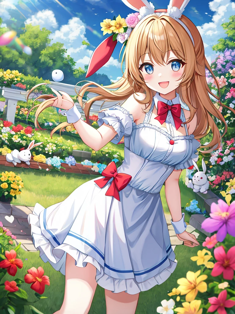 absurdres, highres,
BREAK
cute Rabbit girl enjoying Easter, easter eggs, ears of a rabbit, flower garden, (smile, happy:1.2)
