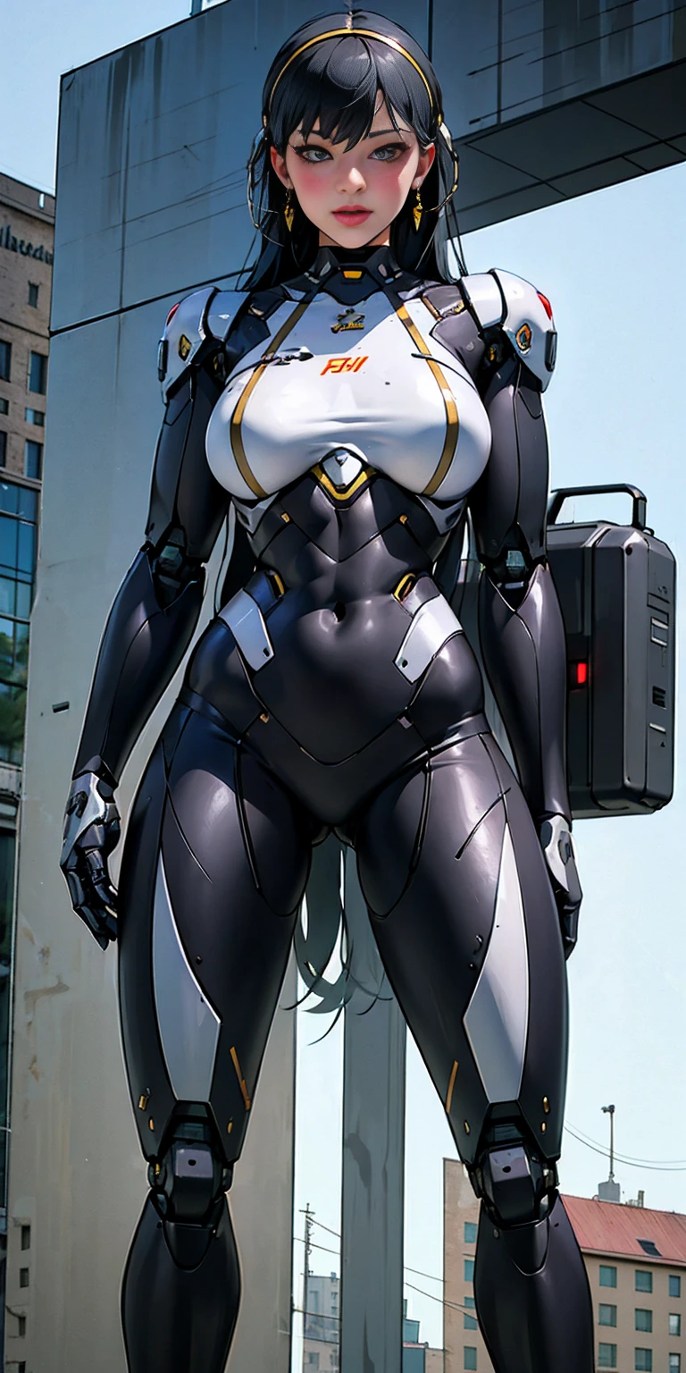 ((full body):1.5) (({1/woman}):1.2). Only {1/woman}:((Wearing black mecha with golden parts, extremely tight on the body):1.2). Only {1/woman} has ((very short blue hair with braids, green eyes):1.2). Only {1/woman}:((extremely large breasts):1.2) Only {1/woman}:((striking sensual poses for the standing viewer)). In a futuristic city completely destroyed with fire in the buildings and (((1 mecha robot dino saurus tyrannosaurus rex ):1.2)) of only {1/woman}. anime, anime style, 16k, high quality, high details, UHD, masterpiece