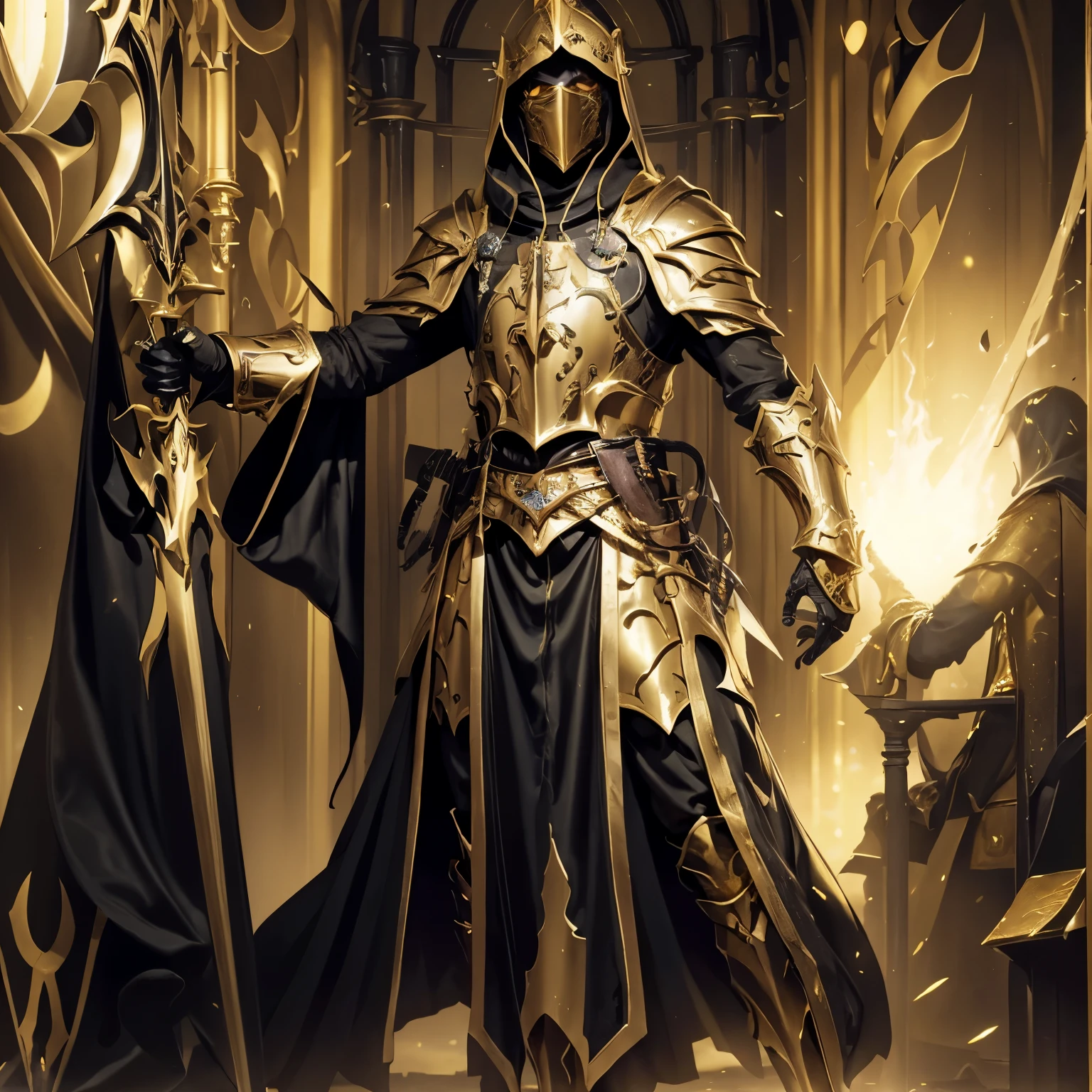 there is a man dressed as a knight holding a sword, Cultist in the Yellow Robe, black and gold armor, black and gold armor, holy paladin, Golden Paladin Armor, fantasy paladin, flowing robes and leather armor, golden paladin, Full portrait of a magical knight, fantasy card game art, Golden robes, black armor with yellow inserts