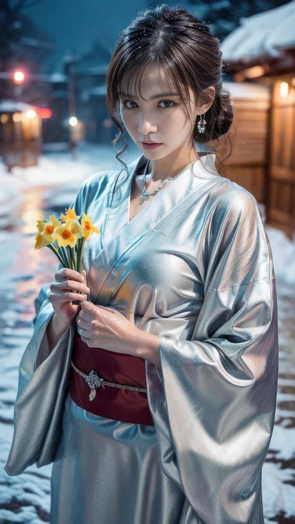 (Photoreal:1.5, 8K, highest quality, masterpiece, ultra high resolution), (((heavy snow, Blizzard))), Highly detailed skin and facial textures:1.3, perfect dynamic composition:1.2, (In front of a shrine at night in a modern city, expression of sadness:1.0, Tears are flowing:1.0, cry with a broken heart:1.0), Slim office lady wet in the rain:1.2, cowboy shot, Fair skin:1.2, sexy beauty:1.1, perfect style:1.2, beautiful and aesthetic:1.1, very beautiful face:1.2, water droplets on the skin, (rain drips all over my body:1.2, wet body:1.2, wet hair:1.3), (Professional kimono dressing:1.1, Holding a bouquet of wet daffodils:1.2, Wearing a wet silver kimono correctly:1.3), (Medium chest, Bra is sheer, Chest gap), (Big eyes that exude beautiful eroticism:0.8, adult charm:0.8, Bewitching:0.8), necklace, earrings, bracelet, wedding ring, Highly detailed and accurate hand and finger representation