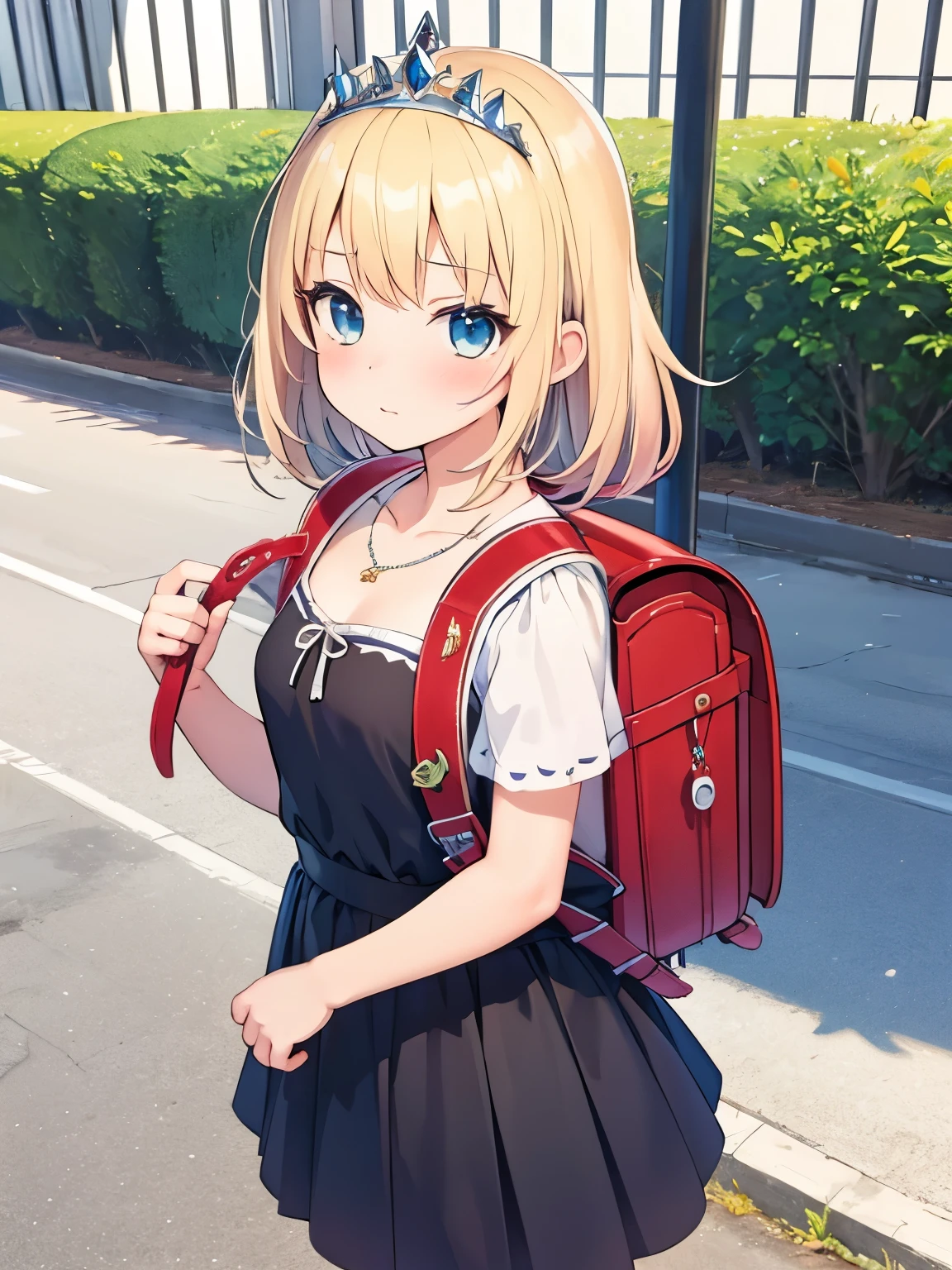 Masterpiece, hd, realistic, 1girl, blonde hair, medium hair, standing, wear princess costumes, wear tiara, diamond necklaces, outdoor, carries randoseru backpack, (randoseru backpack:1.1)