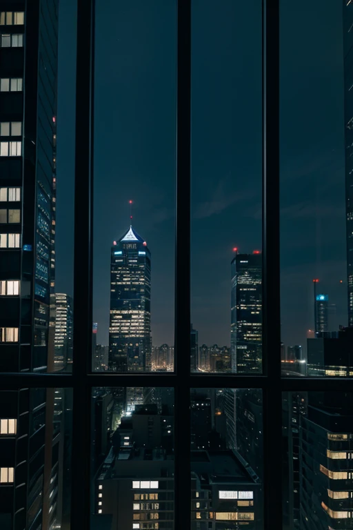 tall buildings being seen through the window of a building at night