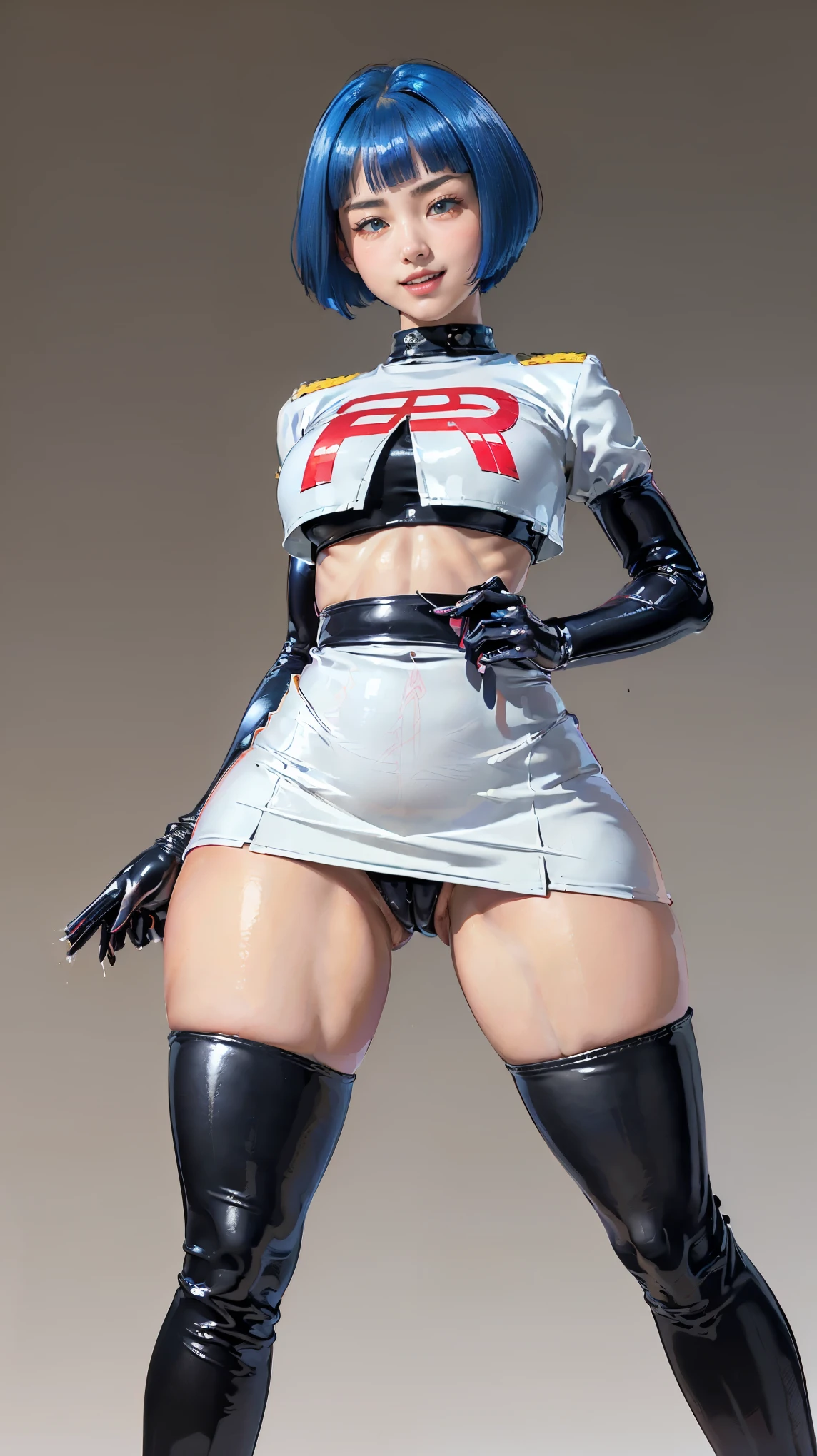 (masterpiece,highest quality,In 8K,Super detailed,High resolution,Realistic,absolutely:1.2),(A female officer of Team Rocket is walking.:1.5),(Always alone:1.5), (Wearing Team Rocket's uniform,There is a big red"R"The characters are drawn:1.5),(cute type of woman:1.4),(Detailed facial depiction, villain's smile:1.4), (bowl cut, blue hair color:1.5),(accurate hands:1.4),(woman's hand:1.2),(wallpaper:1.5),(cowboy shot:1.5),(overlook:1.5), (20 year old Japanese woman,clothing that fits,Make your skirt very short, Black patent leather long boots:1.3), (secret society hideout), (camel toe:1.3), (The upper body is thin:1.4), (flat chest:1.4), (big butt, thick thighs:1.4), (A is being looked at from below.:1.4)