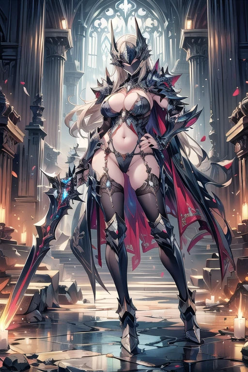 (masterpiece), best quality,1girl, breasts, solo, blonde-hair, ((helmet)), armor, see-through, navel, nipples, cross, gauntlets, ((long-hair) 1.2), parted-lips, ((huge-breasts)1.1), covered-nipples, ((covered-eyes)), large-breasts, necklace, revealing, clothes, jewelry, hand-on-hip, shoulder-armor, pussy, standing, thighhighs, boots, cleavage, pubic-hair, thighs, cape, weapon, ass-visible-through-thighs, female-pubic-hair, cross-necklace