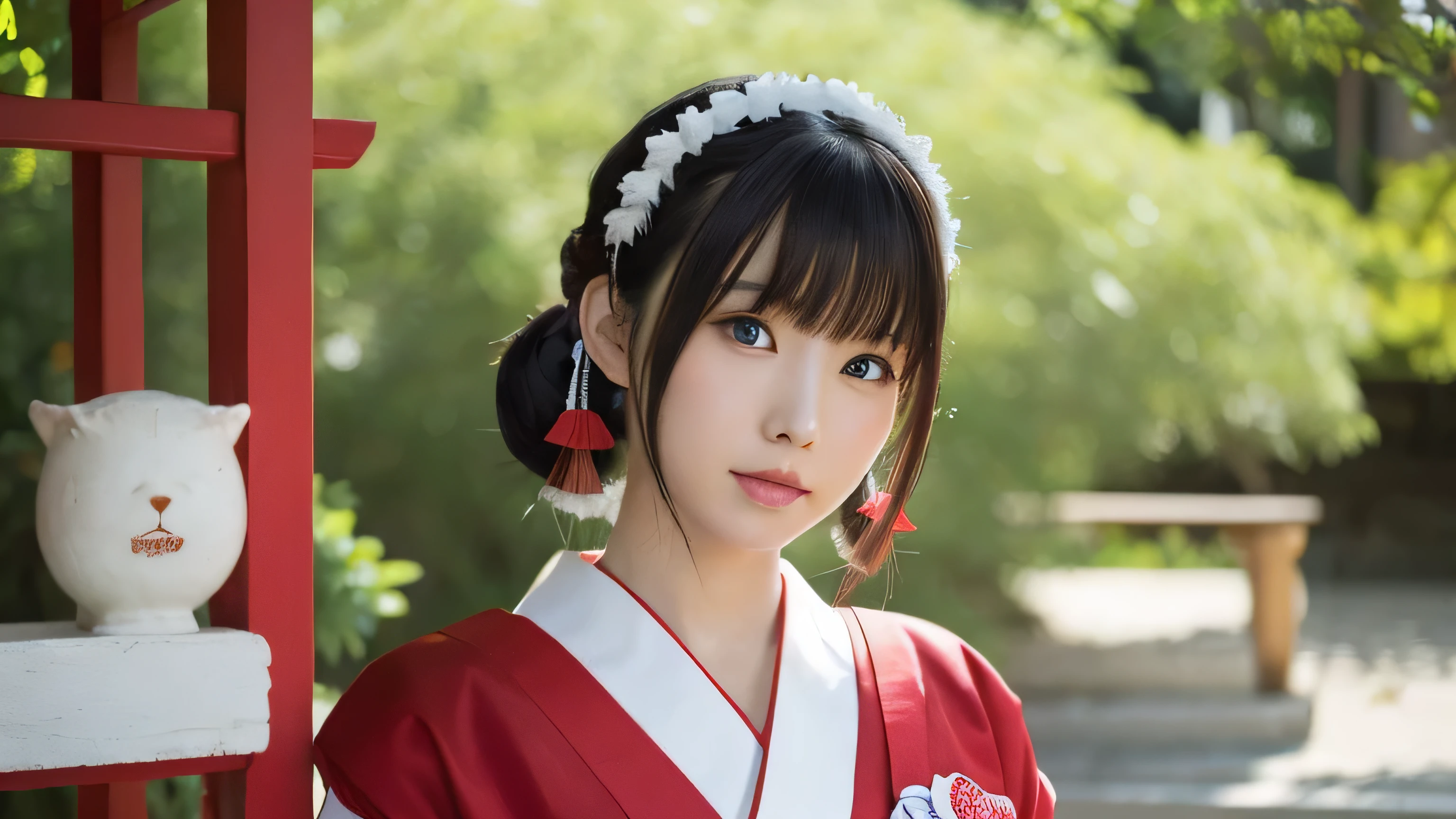 ((alone),masterpiece,highest quality,High resolution,realistic, photo realistic), shrine maiden,Japanese clothing,Beautiful woman,Japanese,cute,A clean-cut face,sexy,breast enhancement,plump lips,black hair,Red inner color hair,big eyes,blue eyes,hair ornaments,beaver,soft light, 超High resolution, cosplay,dance,Red and white clothing detail, face detail,shrine,blue sky,green background,Upper body,soft sunlight,