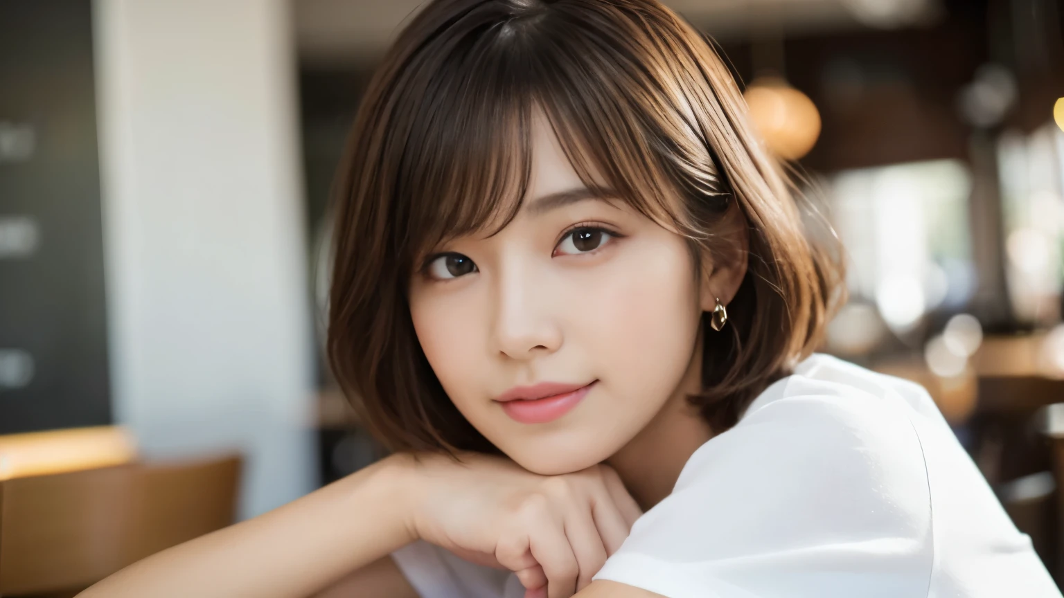 (highest quality,8K quality,masterpiece:1.3,),(超A high resolution:1.3,Photoreal:1.4,RAW photo:1.2),(super detailed:1.2,shiny skin,fine skin:1.1),(detailed face,perfect anatomy,caustics:1.2),stylish cafe,1 girl,cute,Japanese,22 years old,Natural brown hair,curl short hair outwards,cute目,natural makeup,oversized t-shirt,laughter,look at the camera,Shot in a café,professional lighting,natural soft light,