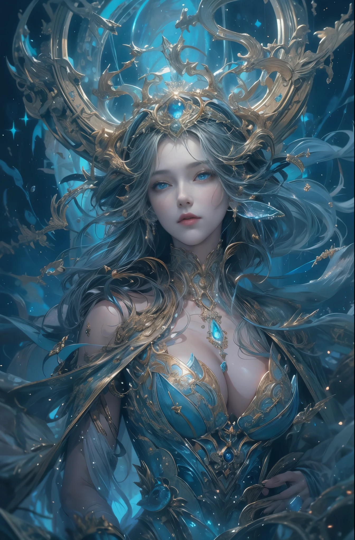 water spirit, Tethys, goddess of the sea, Guardian of the seas, sacred, Mystery of the Deep Sea, Majestic, dignity, 4K fantasy art, Written by Gene Jay., fantasy art style, 2. 5D CGI Anime Fantasy Artwork, epic fantasy art style hd, Epic fantasy digital art style, detailed fantasy art, Detailed digital 2D fantasy art, Luan Jia and Artgerm, 8K fantasy art, sharp outline, very fine and beautiful eyes, Beautiful and delicate blue eyes, pretty much beautiful face, unparalleled beauty, masterpiece, highest quality, perfect angle, perfect composition, best shot, official art, cinematic light, very beautiful and fantastic scenery, chivalry dream, sense of presence, Michael'S letter, Christoph Huge 、Ultra-precision coating, Luminousism, art by Carne Griffiths and What a bone concept art, 4K resolution, Fractal isometricdetailed bioluminescence , 3D rendering, octane rendering, intricately detailed , cinematic, Trending isometric surreal cover photos、art station'amazing full color, handwritten, Defining a hit , cinematic,amazing background, abstract beauty,stand, approaching perfection, pure form, golden ratio, minimalistic, unfinished, concept art, Written by Brian Froud、khan griffith、What a bone、john william waterhouse, intricate details, 8K post production, High resolution, hyper detail, art stationのトレンド, studio photography, intricate details, Very delicate and detailed painting style, Beautiful painting art, greg latkowski, Close-up, female solo