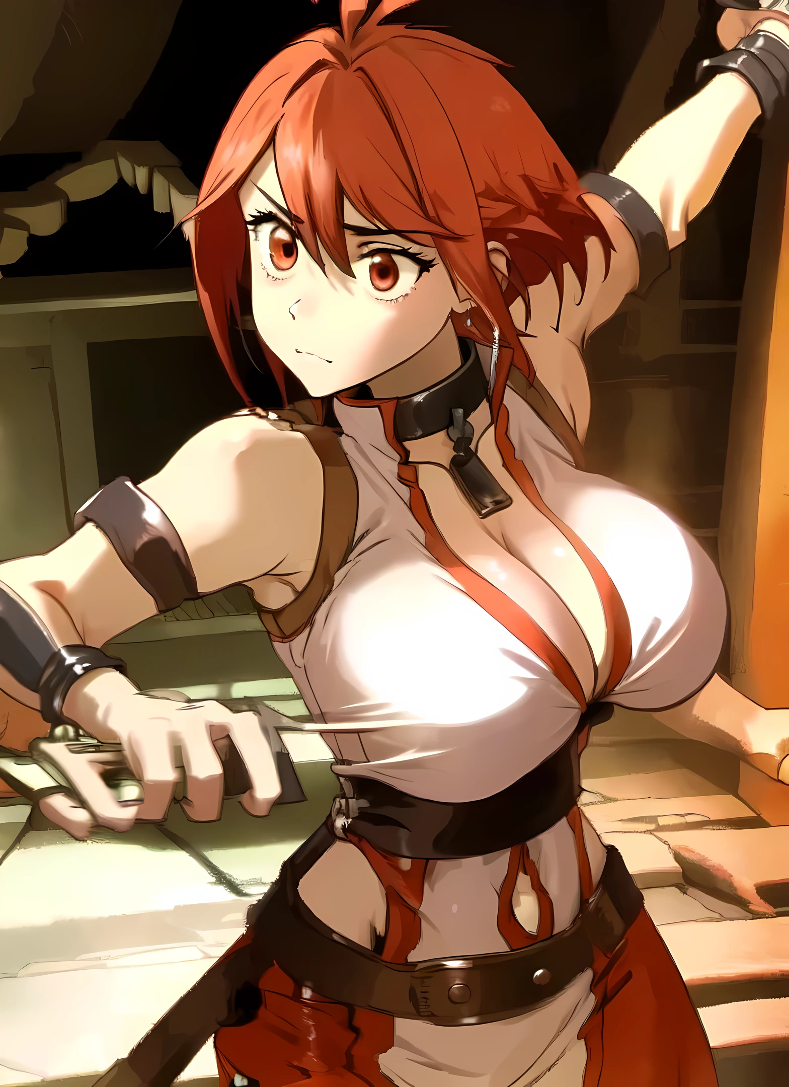 1girl, [vesta_harem], BREAK (dual_wielding:1.2) AND (huge_sword:1.2) AND holding_sword, [red eyes], [red_hair : red hair : 38], [[[large breasts]] : BREAK (large breasts) : 36], (white_dress), sleeveless, cleavage, navel, [[[short_dress]]], side_slit, red_trim, red_pants, oversized_belt, armband, [[vesta_harem AND spiked_arm]], masterpiece, highres, BREAK (dungeon:1.6), (hallway:1.4), stone, [[candle]], shikidouji, dark, cold, (night:1.6), BREAK blue_background