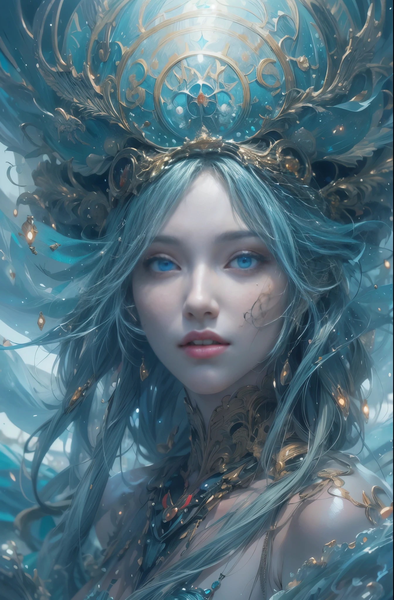 water spirit, Tethys, goddess of the sea, Guardian of the seas, sacred, Mystery of the Deep Sea, Majestic, dignity, 4K fantasy art, Written by Gene Jay., fantasy art style, 2. 5D CGI Anime Fantasy Artwork, epic fantasy art style hd, Epic fantasy digital art style, detailed fantasy art, Detailed digital 2D fantasy art, Luan Jia and Artgerm, 8K fantasy art, sharp outline, very fine and beautiful eyes, Beautiful and delicate blue eyes, pretty much beautiful face, unparalleled beauty, masterpiece, highest quality, perfect angle, perfect composition, best shot, official art, cinematic light, very beautiful and fantastic scenery, chivalry dream, sense of presence, Michael'S letter, Christoph Huge 、Ultra-precision coating, Luminousism, art by Carne Griffiths and What a bone concept art, 4K resolution, Fractal isometricdetailed bioluminescence , 3D rendering, octane rendering, intricately detailed , cinematic, Trending isometric surreal cover photos、art station'amazing full color, handwritten, Defining a hit , cinematic,amazing background, abstract beauty,stand, approaching perfection, pure form, golden ratio, minimalistic, unfinished, concept art, Written by Brian Froud、khan griffith、What a bone、john william waterhouse, intricate details, 8K post production, High resolution, hyper detail, art stationのトレンド, studio photography, intricate details, Very delicate and detailed painting style, Beautiful painting art, greg latkowski, Close-up, female solo