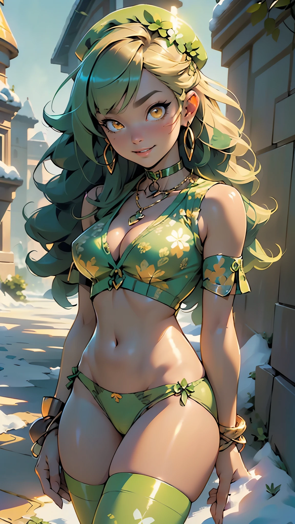 girl,1girl,
(large breasts:1.4),((((curly hair, long hair, blunt bang, yellow green hair, curly hair, long hair, blunt bang)))),(((orange_eyes:1.3))),intricate eyes,beautiful detailed eyes,symmetrical eyes,((((lustrous skin:1.5,tanned skin,bright skin: 1.5,skin tanned,shiny skin,very shiny skin,shiny body,Reflective skin)))),(spider lower abdomen,narrow waist,wide hip,athletic body,inflated legs,thick thighs,(detailed face)),beautiful detailed lips,slender waist,perfect anatomy, good body, perfect body,
cute,slutty,sensual,seductive look,seductive,((erotic)),((nsfw)),
(St. Patrick's Day, green theme),((underwear, solo, bra, panties)),( jewel in the sparkle galaxy),(clover objects, clover decorations, clover spirits),((glittering green silk corset with green thighhighs, green leprechaun hat)),(celtic creature, celtic body painting),((green panties)),(wearing gold bracelets on wrists, gold necklace, 4-leaf clovers and pot of gold:1.4),
(flirtatious pose:1.3), looking at viewer,happy expression,smile, mischievous expression,centered,scale to fit dimensions,Rule of thirds,
outdoors,(winter palace,winter palace background,pyramids in the background),scenery,extremely scenery,clouds,winter style,winter castle,(sunset, golden hour),
(Glossy clover ornaments),highres,sharp focus,(ultra detailed,extremely detailed),(photorealistic artwork:1.37),(extremely detailed CG unity 8k wallpaper),(((vibrant colors,vibrant theme))),(intricate),(masterpiece),(best quality),artistic photography,(photography taken by sldr),(intricate background),perfect rendered face,perfect face details,realistic face,photo realistic,((intricate detail)),(((realism))),