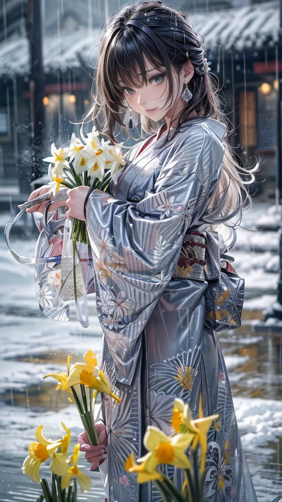 (Photoreal:1.5, 8K, highest quality, masterpiece, ultra high resolution), (((heavy snow, Blizzard))), Highly detailed skin and facial textures:1.3, perfect dynamic composition:1.2, (In front of a shrine at night in a modern city, expression of sadness:1.0, Tears are flowing:1.0, cry with a broken heart:1.0), Slim office lady wet in the rain:1.2, cowboy shot, Fair skin:1.2, sexy beauty:1.1, perfect style:1.2, beautiful and aesthetic:1.1, very beautiful face:1.2, water droplets on the skin, (rain drips all over my body:1.2, wet body:1.2, wet hair:1.3), (Professional kimono dressing:1.1, Holding a bouquet of wet daffodils:1.2, Wearing a wet silver kimono correctly:1.3), (Medium chest, Bra is sheer, Chest gap), (Big eyes that exude beautiful eroticism:0.8, adult charm:0.8, Bewitching:0.8), necklace, earrings, bracelet, wedding ring, Highly detailed and accurate hand and finger representation